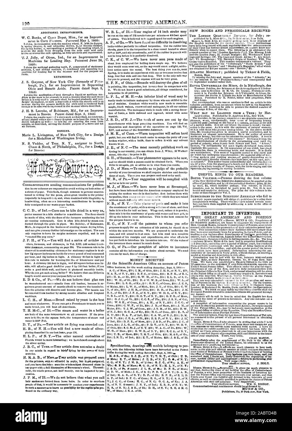 19f) L'AMÉRIQUE SCIENTIFIQUE N. IMPORTANT POUR LES INVENTEURS., Scientific American, 1860-09-15 Banque D'Images