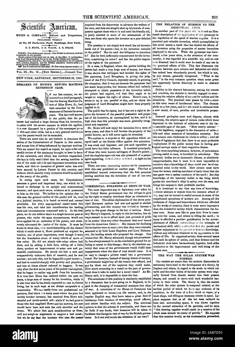 Le RAPPORT DE LA SCIENCE À L'art industriel. "Ce rapprochement donnerait lieu à une rotation de la masse entière autour de son centre de gravité." Il suppose, Scientific American, 1860-09-22 Banque D'Images