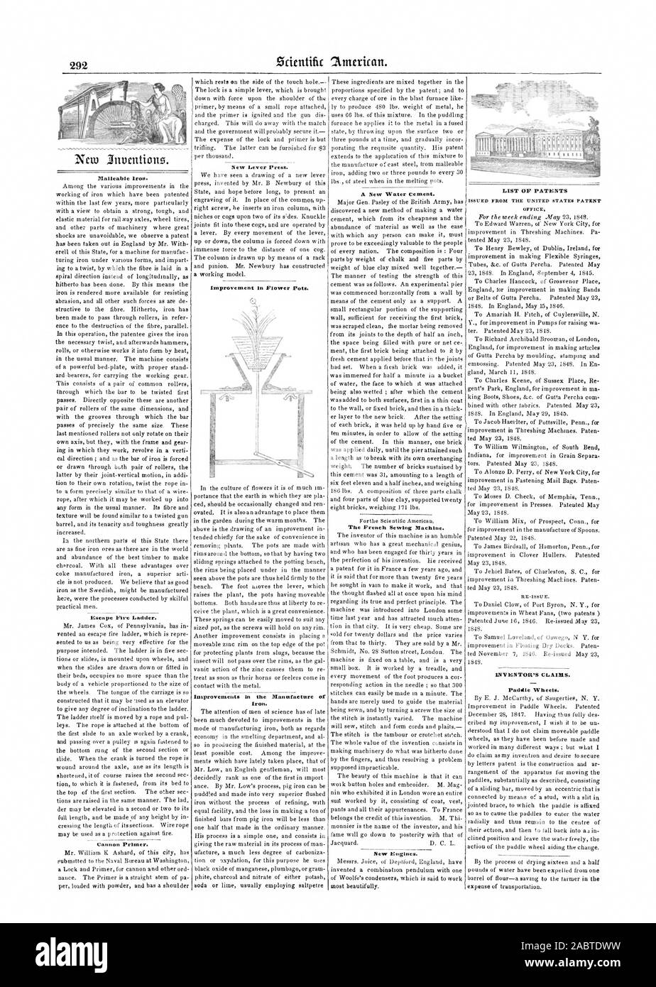 Fer malléable. Échapper à l'échelle d'incendie. Cannon de polymérisation. Nouveau levier presse. Amélioration dans les pots de fleurs. Améliorationune dans la fabrication du fer. Une nouvelle colle à base d'eau la machine à coudre. De nouveaux moteurs. Liste des brevets d'émettre de nouveau. Les revendications de l'inventeur. - Roues à aubes, Scientific American, 1848-06-03 Banque D'Images