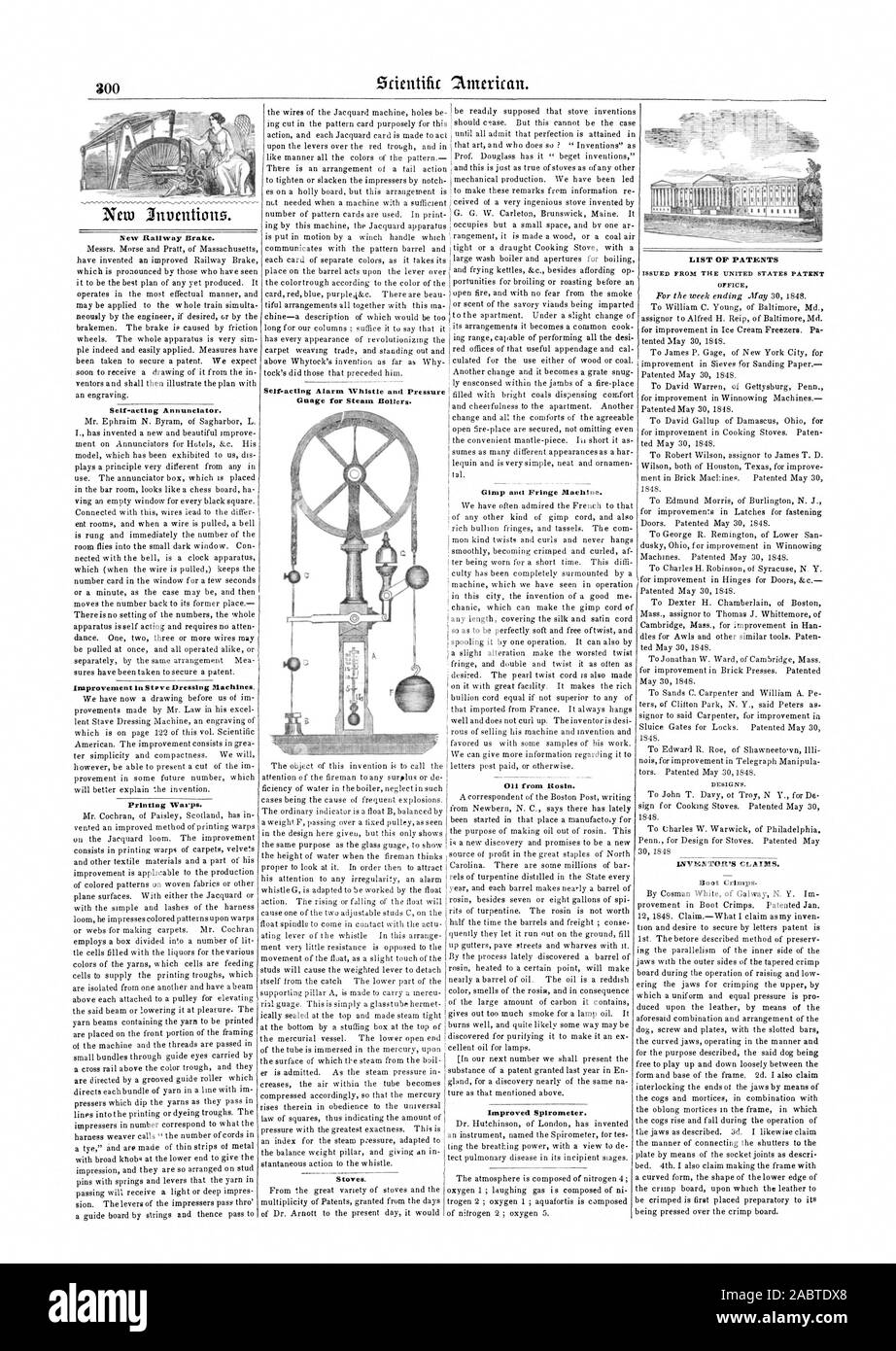 Nouveau chemin de frein de stationnement. L'Annonciateur par intérim. L'amélioration de machines à Stave. L'impression fausse. Sifflet d'alarme automatiques et jauge de pression pour les chaudières à vapeur. Les poêles à bois. L'anci Gimp Fringe Machine. 0 de la colophane. L'amélioration des spiromètres. Liste des demandes de brevets d'invention., Scientific American, 1848-06-10 Banque D'Images