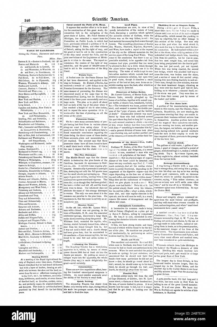 Chemins de table OP. Ferrer les chevaux. Autour du canal de Sainte Marie tombe. Cure de pommes de terre. Palourdes toxiques. La maladie de Carré en pin. Serpent Monster parfume le théâtre. La colonisation. Navigation rapide. Découverte de vestiges indiens. Palpitation du coeur.--Plateau café et le tabac. Locomotive de l'atmosphère. Chefs et des textes. Peur de l'automne. Scène palpitante à Niagara Falls. La Loi de dix heures. Boire de la récolte. Respect., Scientific American, 1848-07-22 Banque D'Images