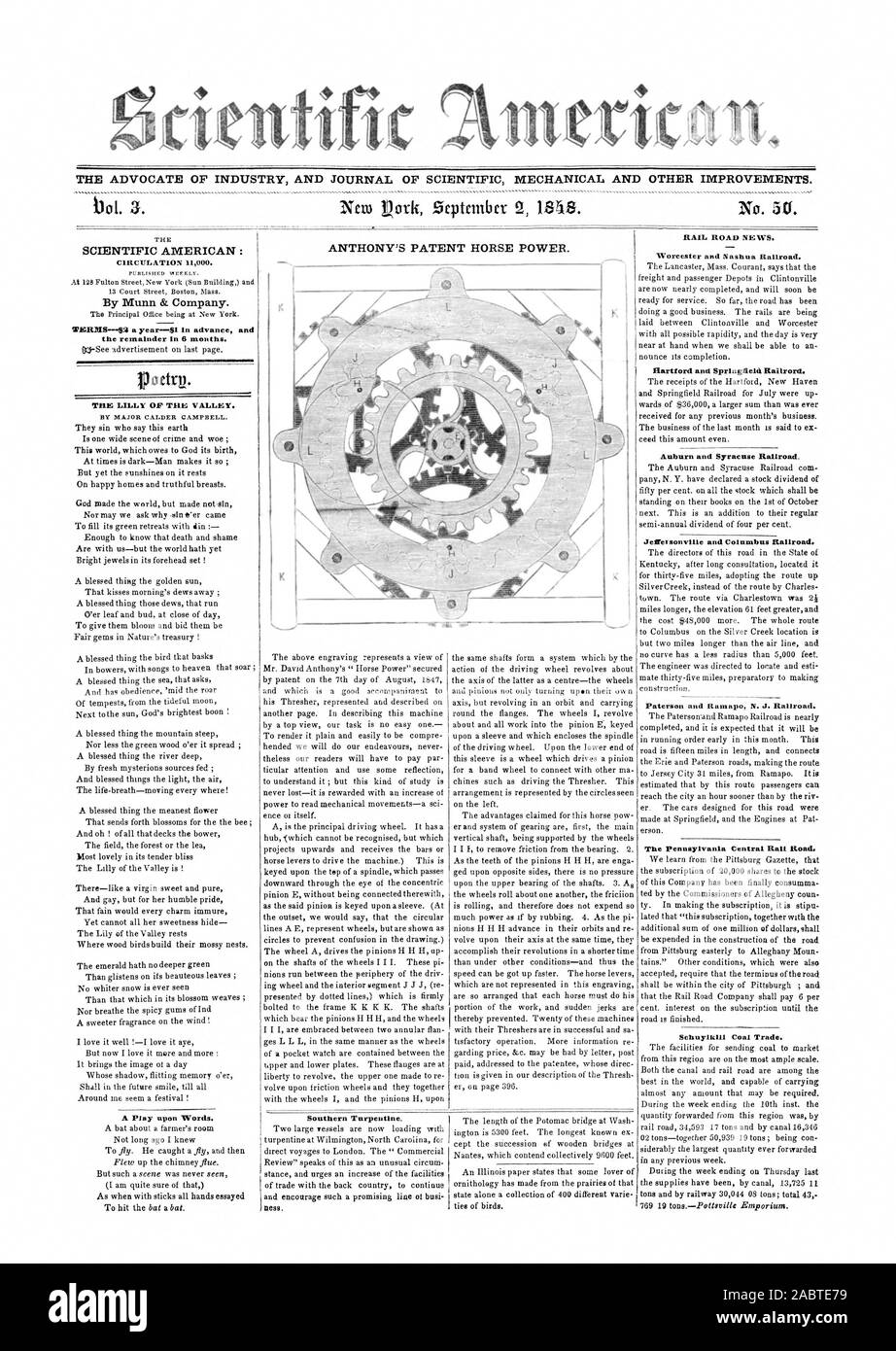 Rientific-américain. L'AVOCAT DE L'INDUSTRIE ET DU JOURNAL DE MÉCANIQUE SCIENTIFIQUE ET D'autres améliorations. SCIENTIFIC AMERICAN : Par Munn & Company. TERBIS--$2$1- un an à l'avance et le reste en 8 mois. La poésie. La LILLY DE LA VALLÉE. Le sud de la térébenthine. RAIL ROUTE NOUVELLE. Worcester et Nashua Railroad. Rallrord anti Springfield Hartford. Auburn et Syracuse Railroad. Le Pennsylvania Central Rail Road. Schuylkill commerce du charbon. Un jeu de mots., 1848-09-02 Banque D'Images