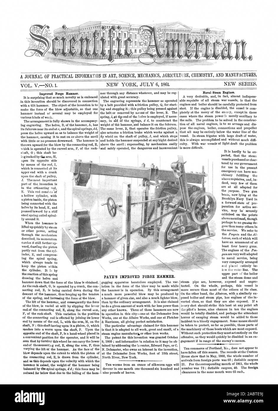 Un JOURNAL D'INFORMATIONS PRATIQUES EN ART SCIENCE MÉCANIQUE CHIMIE L'AGRICULTURE ET LES MANUFACTURES. Amélioration de la Forge d'un marteau. L'AMÉLIORATION DE CAFE FORGE MARTEAU. Les moteurs à vapeur de la marine., Scientific American, 1861-07-06 Banque D'Images