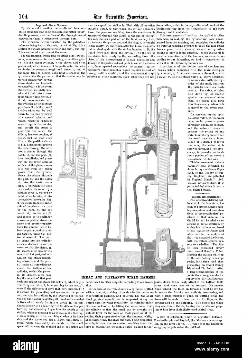 Balloon Reconnoissance. L'amélioration d'un marteau à vapeur. IMRAY ET COPELAND MARTEAU À VAPEUR., Scientific American, 1861-08-17 Banque D'Images