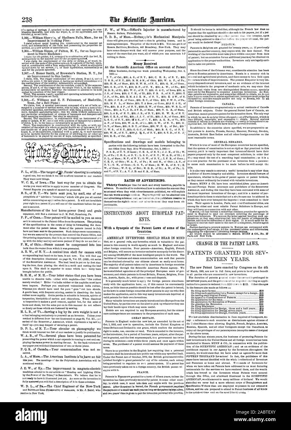 Les taux de l'argent reçu de la publicité. Avec un résumé de la législation sur les brevets de certains de ces pays., Scientific American, 1861-10-12 Banque D'Images