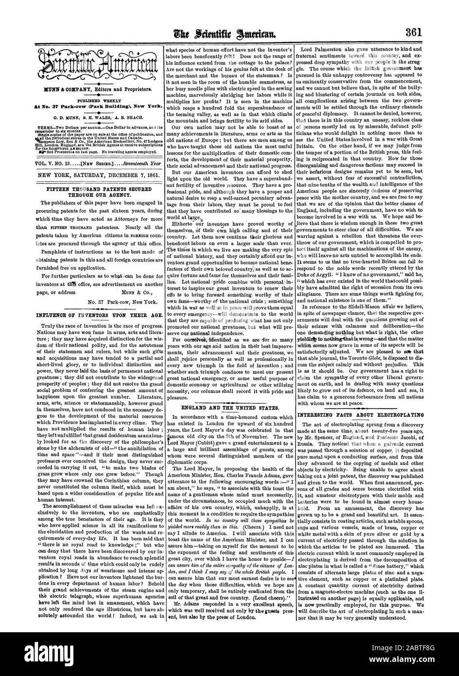 Les éditeurs et l'entreprise dt MUNN titulaires. NEW YORK SAMEDI 7 DÉCEMBRE 1861. Quinze mille brevets déposés par notre agence. INFLUENCE DES INVENTEURS SUR LEUR ÂGE. L'ANGLETERRE ET LES États-unis. Faits intéressants au sujet de la galvanoplastie, Scientific American, 1861-12-07 Banque D'Images