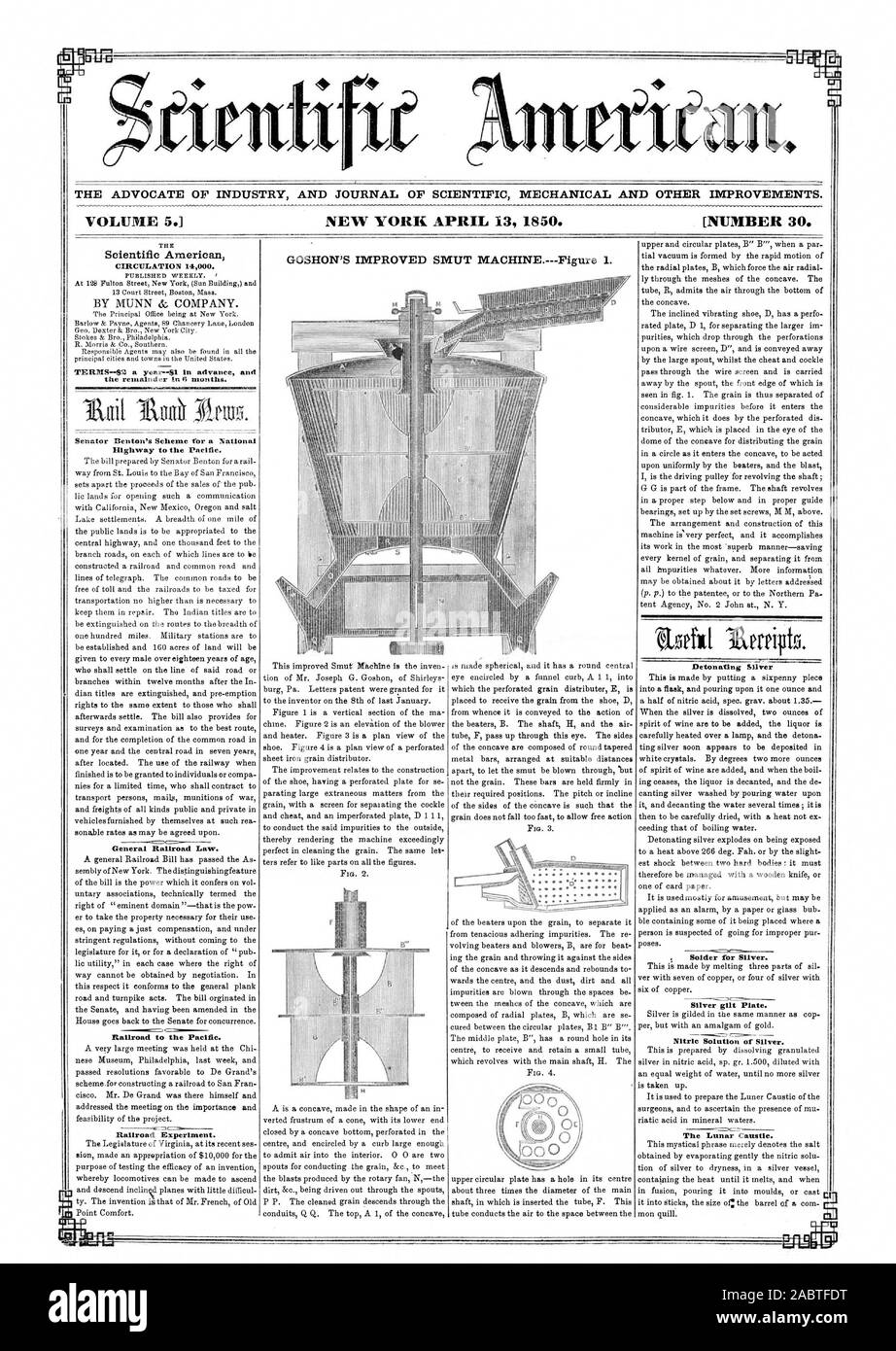 L'AVOCAT DE L'INDUSTRIE ET DU JOURNAL DE MÉCANIQUE SCIENTIFIQUE ET D'autres améliorations. - A1Mfill Scientific American pratique 14000. Termes.-42 par an--$1 à l'avance et le reste en 6 mois. Le sénateur Benton's Scheme pour une route nationale vers le Pacifique. Droit général Railroad. Railroad au Pacifique. L'expérience du chemin de fer. Plaque argent doré argent détonant. Solution nitrique d'argent. Le Lunar Caustic., 1850-04-13 Banque D'Images