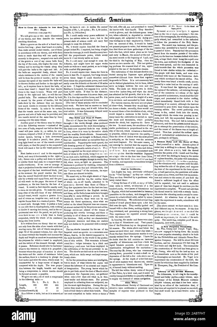 Comment traverser l'Atlantique en moins de cinq jours. Les soies et les thés du Japon. Le charbon en Californie. Vin de l'Ohio. La destruction de la cathédrale de Groat. Somicossa Un corps humain et l'heure de la journée. Une nouvelle hélice Steamship. AMIN. Bibliothèque du British Museum., Scientific American, 1850-05-18 Banque D'Images
