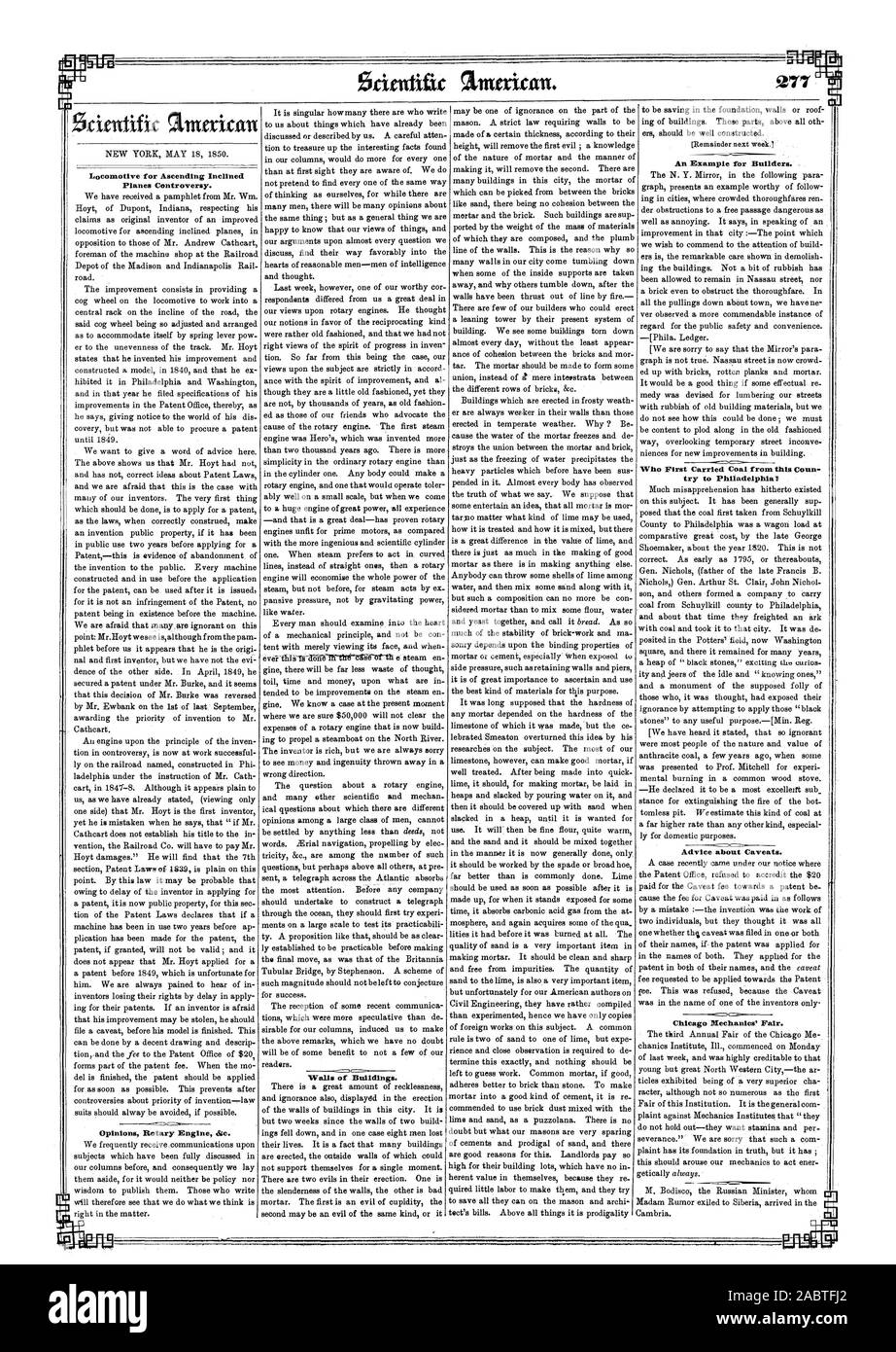 Un exemple pour les constructeurs. Locomotive pour l'ordre croissant des plans inclinés de controverse. . Essayer de Philadelphie : des conseils sur les mises en garde. Murs de bâtiments. .  % Un, Scientific American, 1850-05-18 Banque D'Images