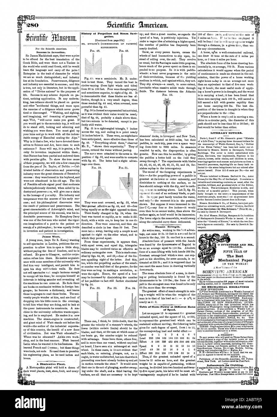 Succès dans l'invention. Avis littéraires. CHANICS. Papier mécanique de l'AMÉRICAIN SCIENTIFIQUE . 500 gravures mécaniques James Watt. de vitesse. Une petite chose de l'usine. Inciter les clubs., 1850-05-18 Banque D'Images
