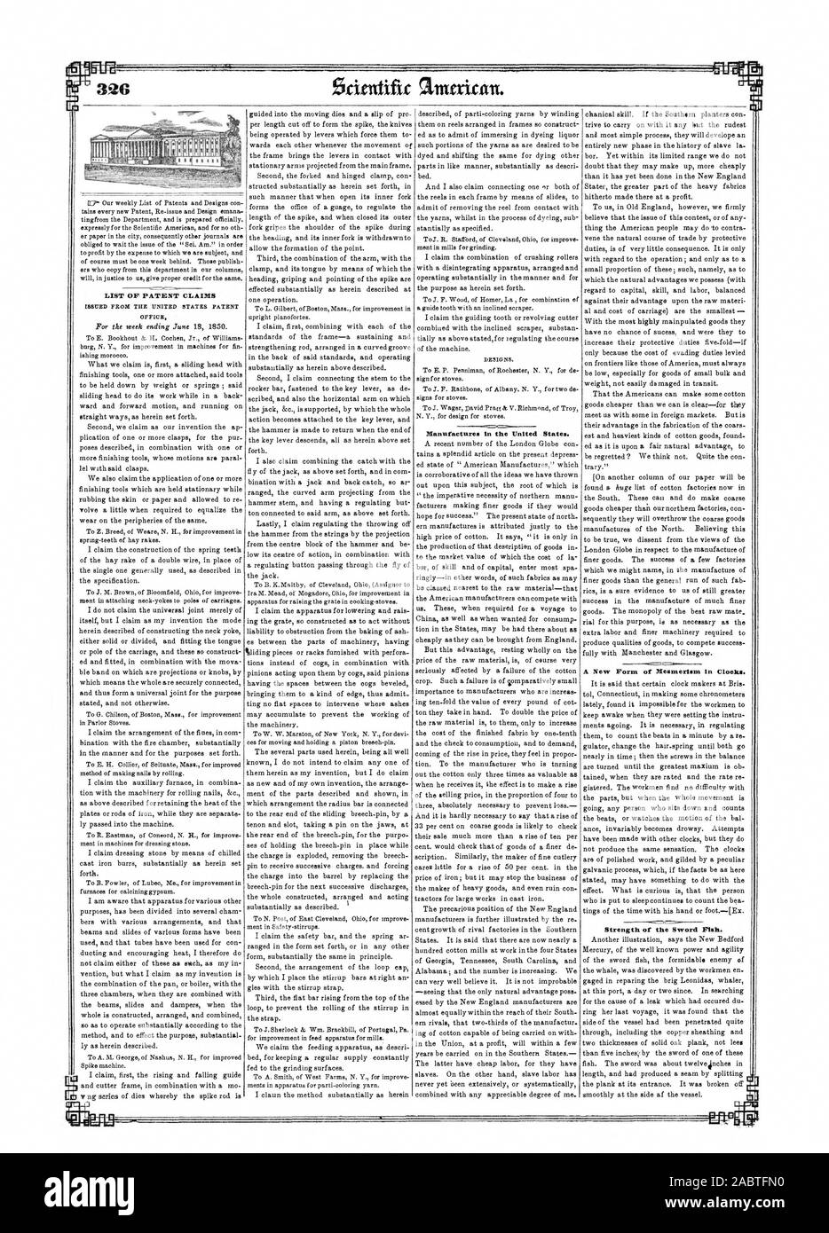 Anterican 010 scientifiques Liste de revendications de brevet fabrique aux États-Unis . Une nouvelle forme de magnétisme dans des horloges. La force de l'épée. Poisson, Scientific American, 1850-06-29 Banque D'Images