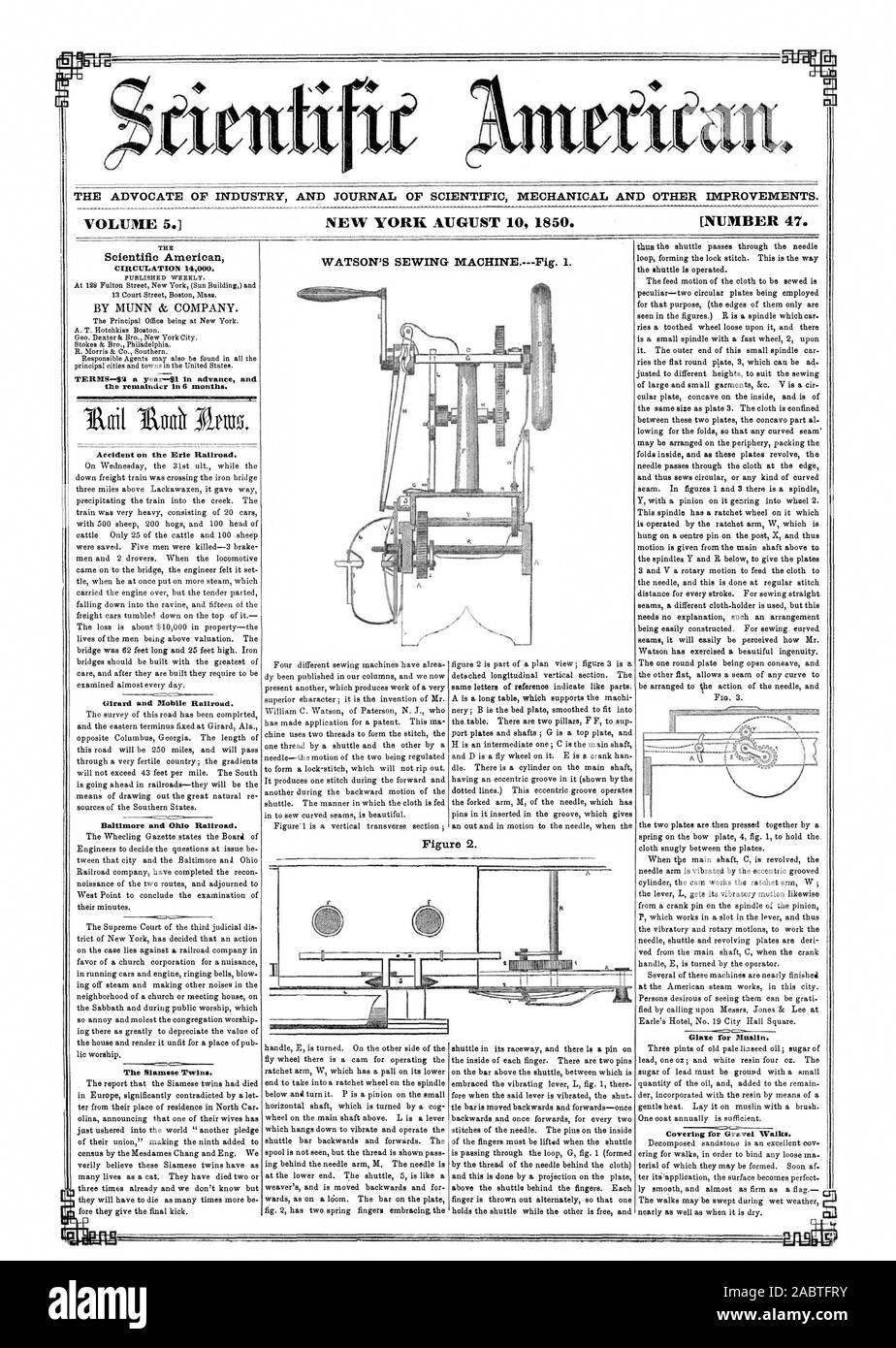 L'AVOCAT DE L'INDUSTRIE ET DU JOURNAL DE MÉCANIQUE SCIENTIFIQUE ET D'autres améliorations. VOLUME 5. NEW YORK Le 10 août 1850. [Numéro 47. WATSON'S SEWING MACHINE.Fig. 1. CIRCULATION 14000 Scientific American. Termes-SS par an--91 à l'avance et le reste en 6 mois. - Accident sur l'Erie Railroad. Girard et Mobile Railroad. Baltimore and Ohio Railroad. Les frères siamois. Glaze pour mousseline. ks. La figure 2, 1850-08-10. Banque D'Images