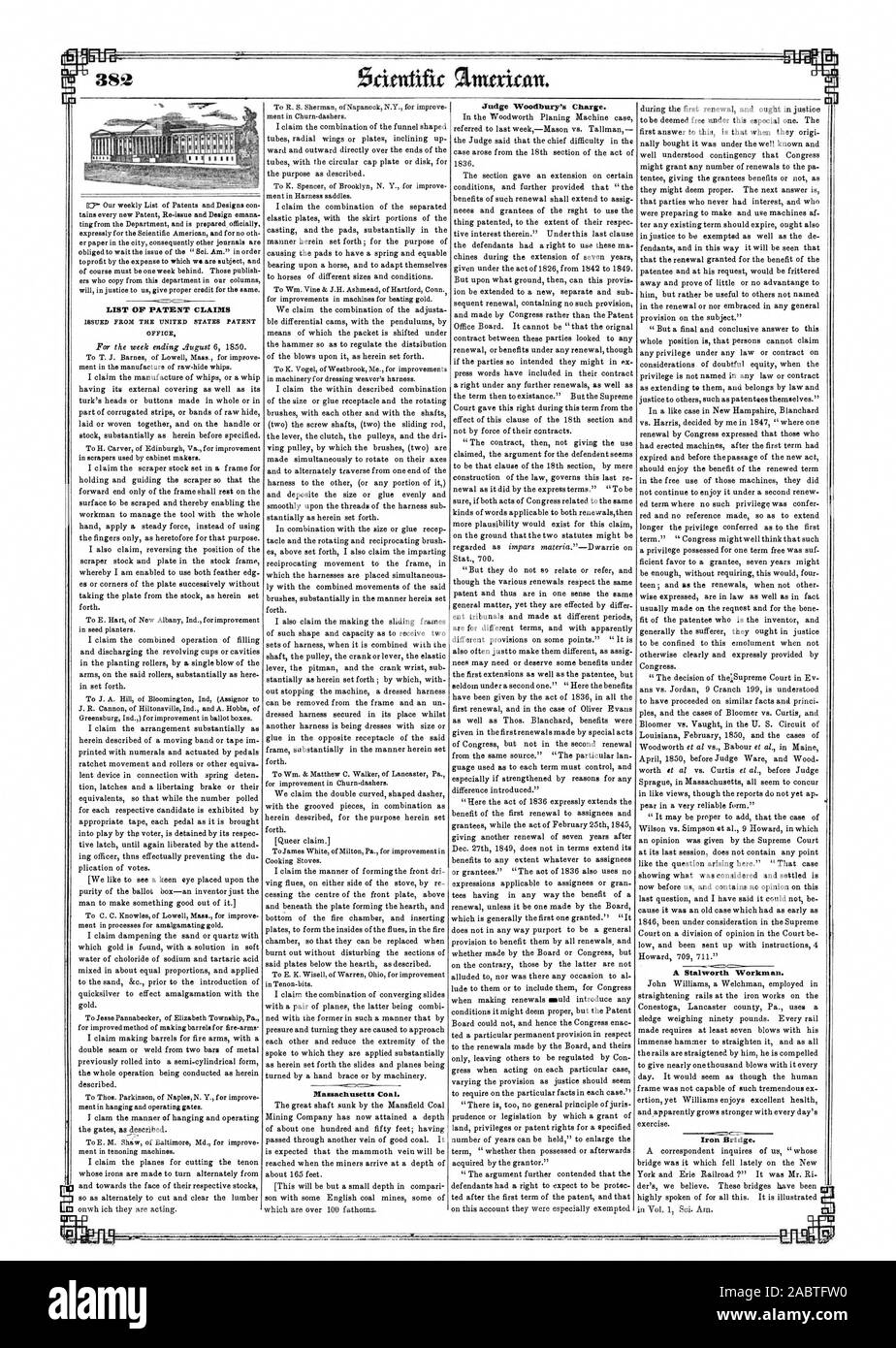 Liste des revendications d'un brevet délivré par l'Office des brevets des États-Unis Massachusetts le charbon. La charge de juge de Woodbury. Un Stalworth Workman. Pont de fer., Scientific American, 1850-08-17 Banque D'Images