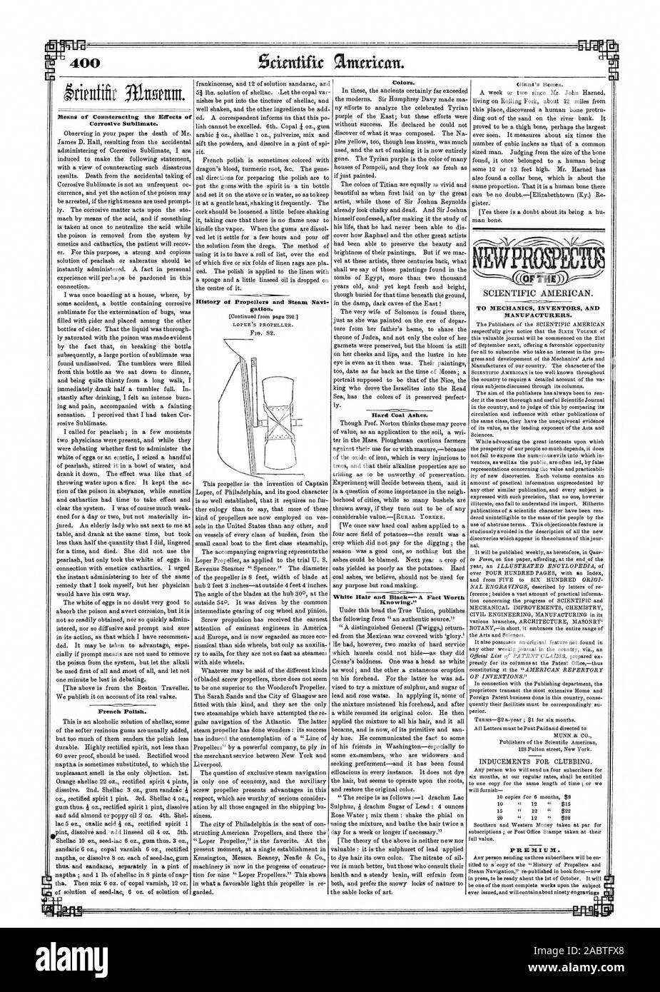 400 Moyens de lutte contre les effets des substances corrosives sublimer. Français Polonais.. Les couleurs. La cendre de houille. Cheveux Blancs et Noirs--' UN FAIT A Savoir." os du géant. gister. À LA MÉCANIQUE POUR LES INVENTEURS ET LES FABRICANTS. Anuriam scientifique., Scientific American, 1850-08-31 Banque D'Images