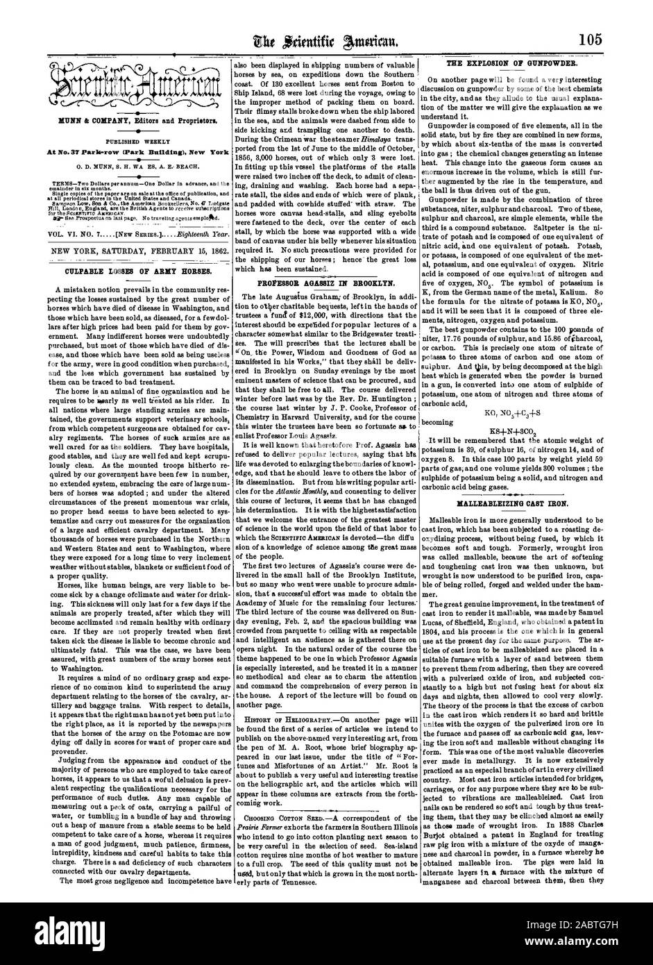 Voitures ou pour n'importe quel but où ils sont d'être rejeté sous les vibrations sont à malleableized. Des clous en fer peut être rendu si doux et dur par traiter ainsi les ing qu'ils peuvent être facilement remporté presque aussi Burjot obtient un brevet en Angleterre pour traiter la fonte brute avec un mélange d'oxyde le fer malléable obtenue de manga. Les porcs ont été portées dans une fournaise frx alterner les couches avec le mélange de manganèse et de charbon de bois entre eux puis ils devenir (D 1862 SCIENTIFIC AMERICAN INC., 1862-02-15 Banque D'Images