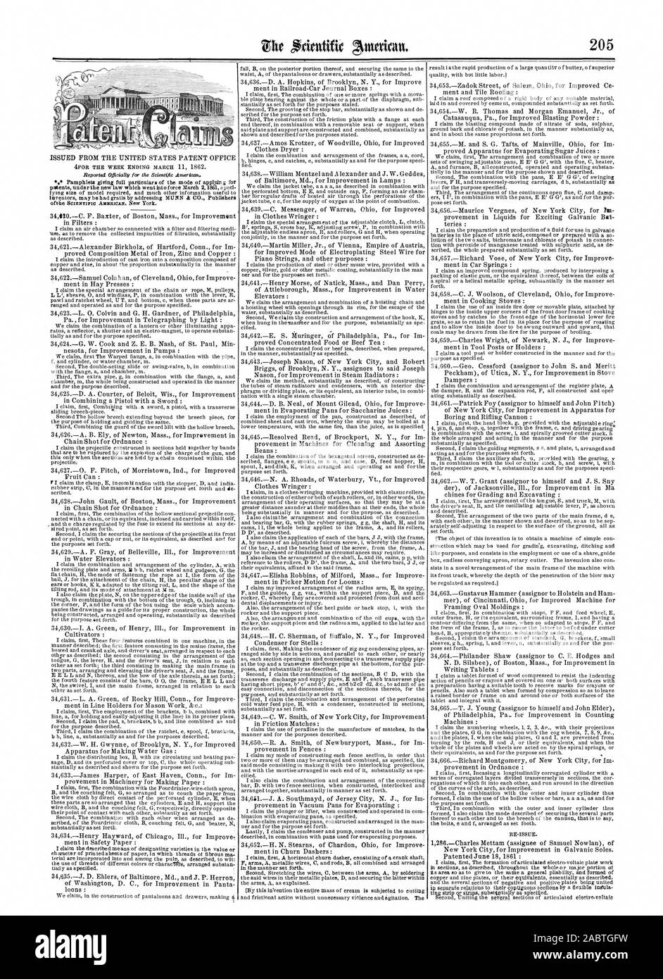 La ville de New York pour amélioration de l'isolation galvanique de la plante des pieds. 18 juin 1861 breveté : je demande d'abord la formation d'électro-articulé plaque voltaïques dans les sections de travail comme décrit dans l'ensemble ou plus grande partie de son domaine afin de donner à l'automobile même une souplesse générale et formé de plaques de cuivre et de zinc ou leurs équivalents comme décrit essentiellement ile, Scientific American, 1862-03-29 Banque D'Images