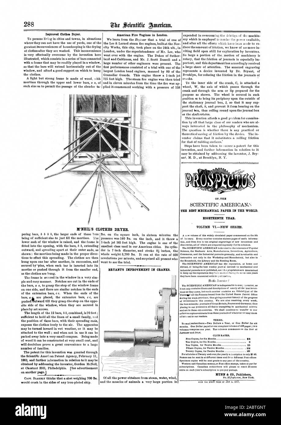 L'amélioration de sèche-linge.CHEM'S sèche-linge. Le MEILLEUR PAPIER MÉCANIQUE DANS LE MONDE ENTIER. Dix-huitième année. VINEW VOLUME BERME. Des camions de pompiers américains à Londres. MONK & CO. DE BRYANT Éditeurs AMÉLIORATION DE MANIVELLES., Scientific American, 1862-05-03 Banque D'Images