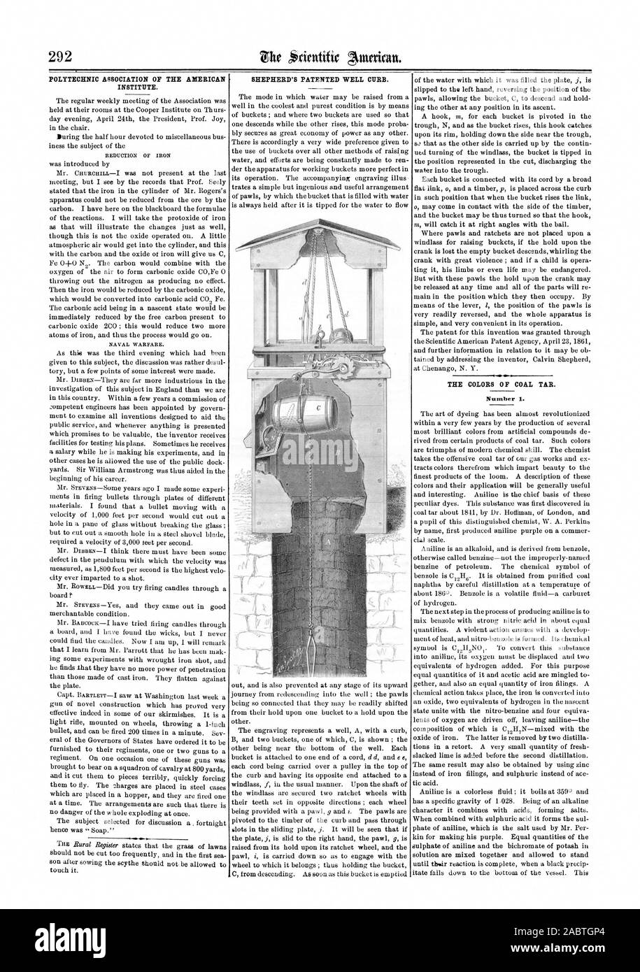 ASSOCIATION POLYTECHNIQUE DE L'institut américain. Réduction du FER À REPASSER LA GUERRE NAVALE. Breveté DU BERGER BIEN FREINER. Les couleurs de goudron de houille. Numéro 1., Scientific American, 1862-05-10 Banque D'Images
