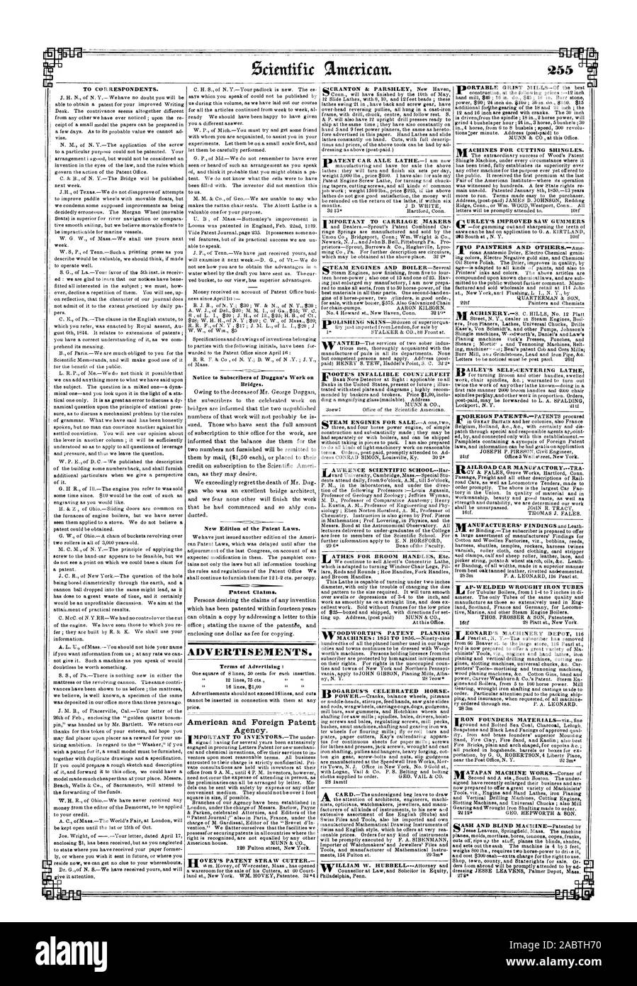 100 peintres ET OTHEB.S.Ame ANTED-Th Avis aux abonnés de Duggan Travaux en ponts. Nouvelle édition de la Loi sur les brevets. Revendications de brevet. AILROAD llii MANUF VOITURE ACTORY.--TRA WOODWORTH'S PATENT FABRICANTS Termes de publicité : OG EDRC est célébré l'B Américain et un brevet étranger Agence. MATAPAN MACHINE WORKS-coin de EY'S PATENT coupe-paille. I I e, Scientific American, 1851-04-26 Banque D'Images