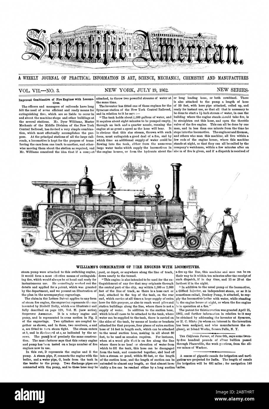 Combinaison de véhicules d'INCENDIE AVEC LES LOCOMOTIVES. WILLIAMS'S, Scientific American, 1862-07-19 Banque D'Images