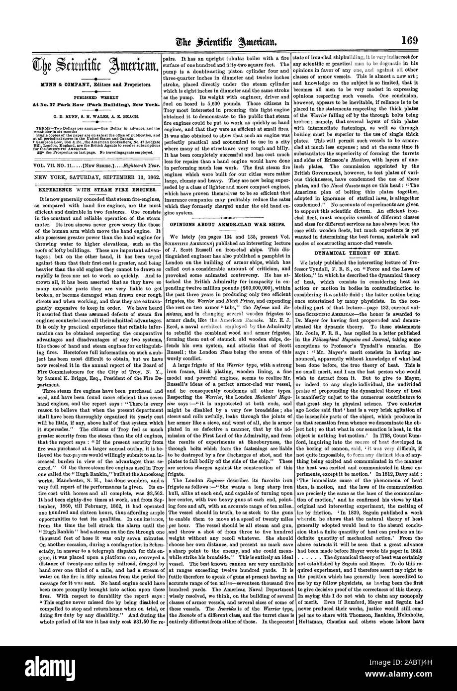 Expérience avec de la vapeur d'incendie. Théorie DYNAMIQUE DE LA CHALEUR. OPINIONS SUR LES NAVIRES DE GUERRE, vêtu de l'armure. MUNN & COMPANY éditeurs et propriétaires., Scientific American, 62-09-13 Banque D'Images