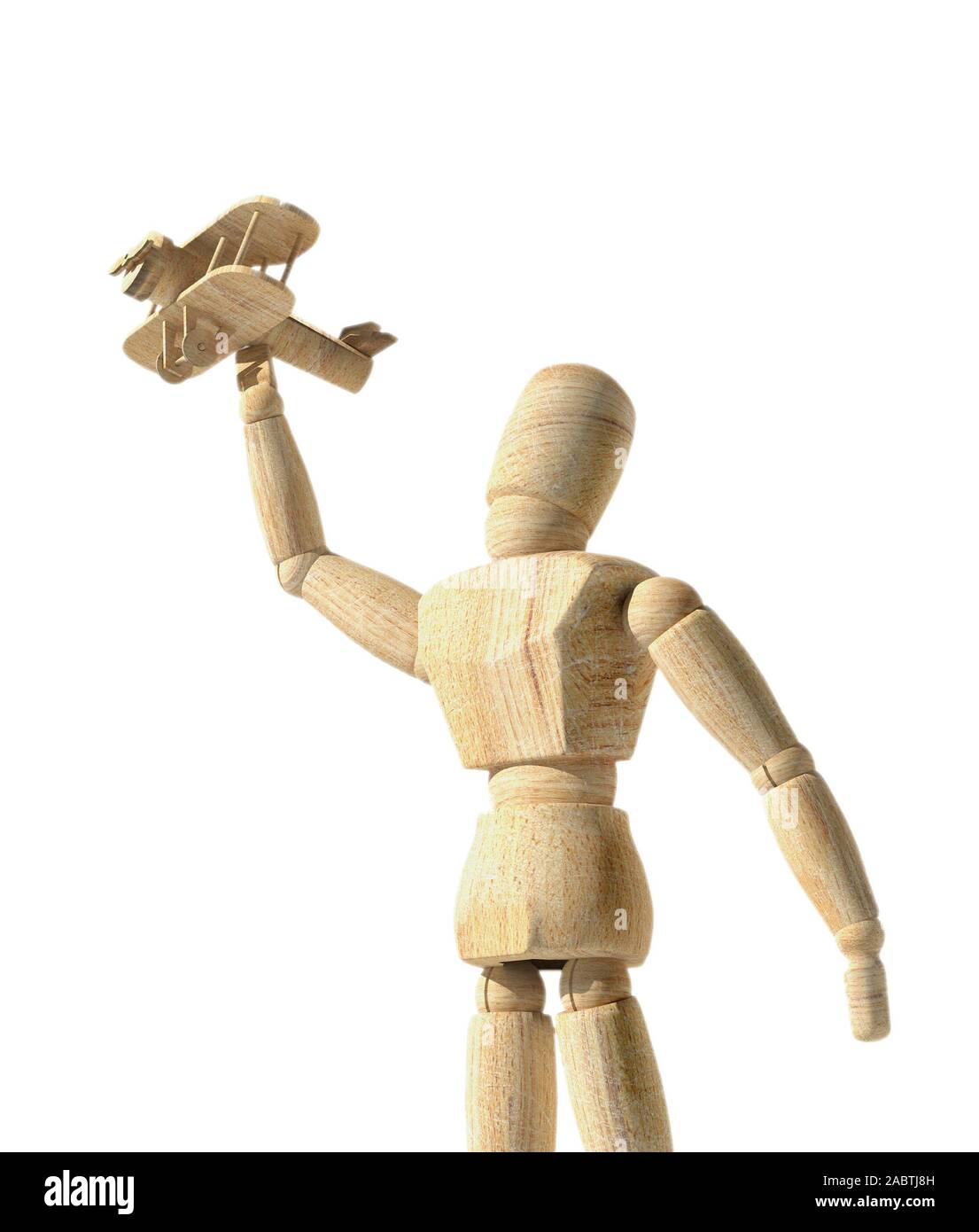 Le rendu 3D de mannequin en bois jouet prototype d'humain avec un plan dans  la main. Isolated on white Photo Stock - Alamy
