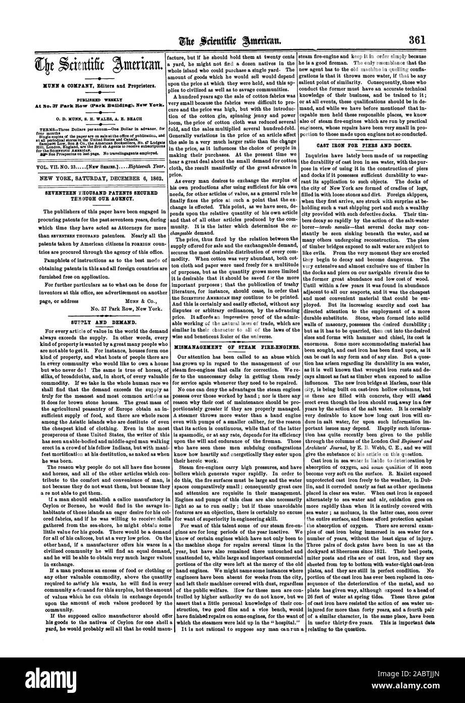 Au n°37 Park Row (Park). New York. 0. D. MUNN S. H. DE GALLES. A. E. CONDITIONS DE PLAGE-trois dollars par an-un dollar à l'avance de quatre mois Sampson Low Fils à Co. l'American Booksellers n° 47 Ludgate Hill Londres Angleterre sont les agents de recevoir Brit sh M. abonnements Voir le prospectus à la dernière page. Pas travelingagenta employées. L'OFFRE ET DE LA DEMANDE. facture mais s'il doit les garder à vingt cents une cour qu'il ne pourrait pas trouver une douzaine d'indigènes dans la mauvaise gestion des moteurs à vapeur à feu. Pour FONTE Jetées et quais. MUNN & COMPANY éditeurs et propriétaires., Scientific American, 1862-12- Banque D'Images