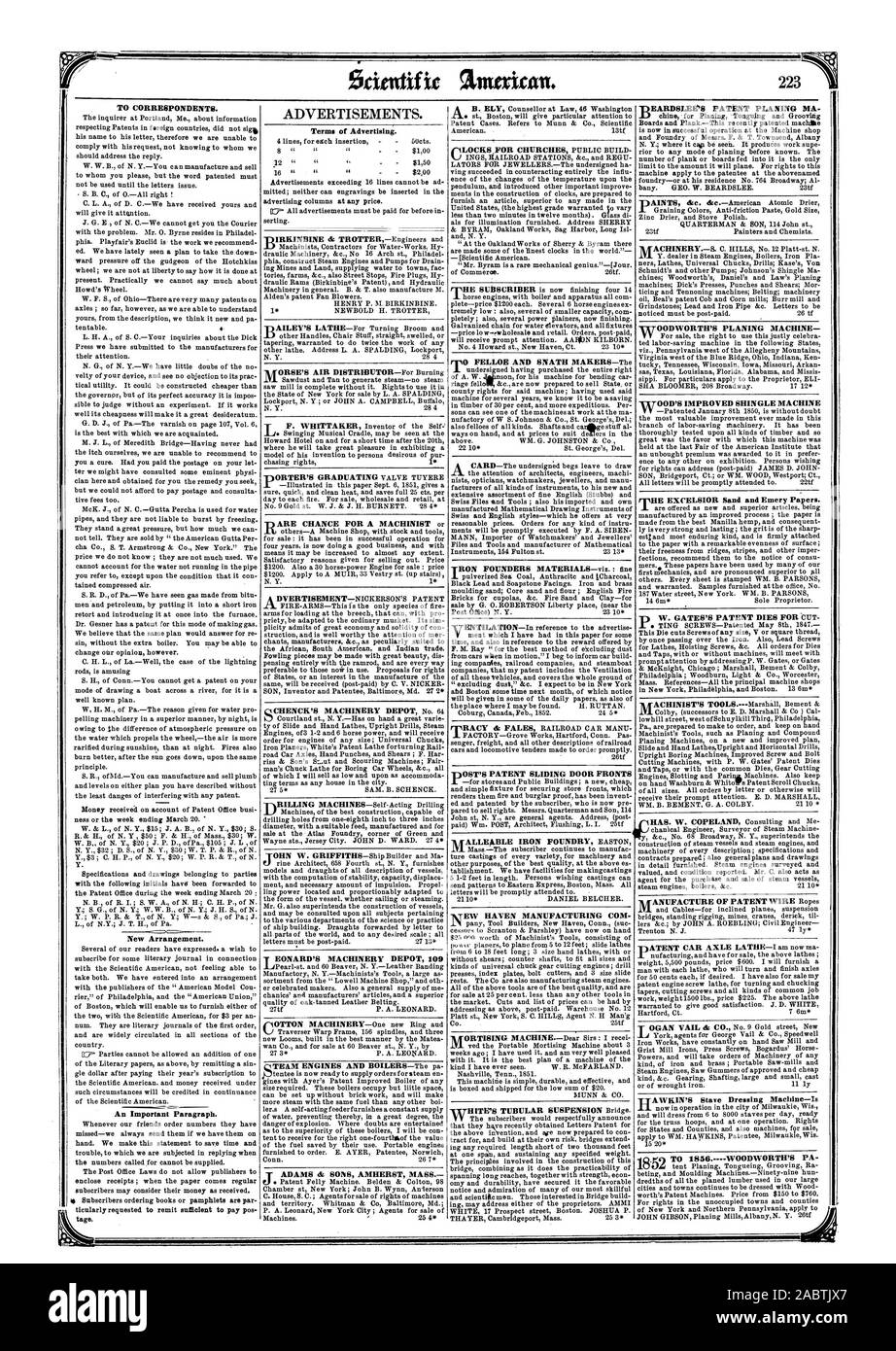 Aux correspondants. Un paragraphe important. La plupart des brevets PORTE COULISSANTE FRONTS IVEW HAVEN COM 'FABRICATION DE BARDEAUX DE BOIS L'AMÉLIORATION DE LA MACHINE 'EXCELSIOR VHS et sable Emery Documents. Termes de la publicité., Scientific American, 1852-03-27 Banque D'Images