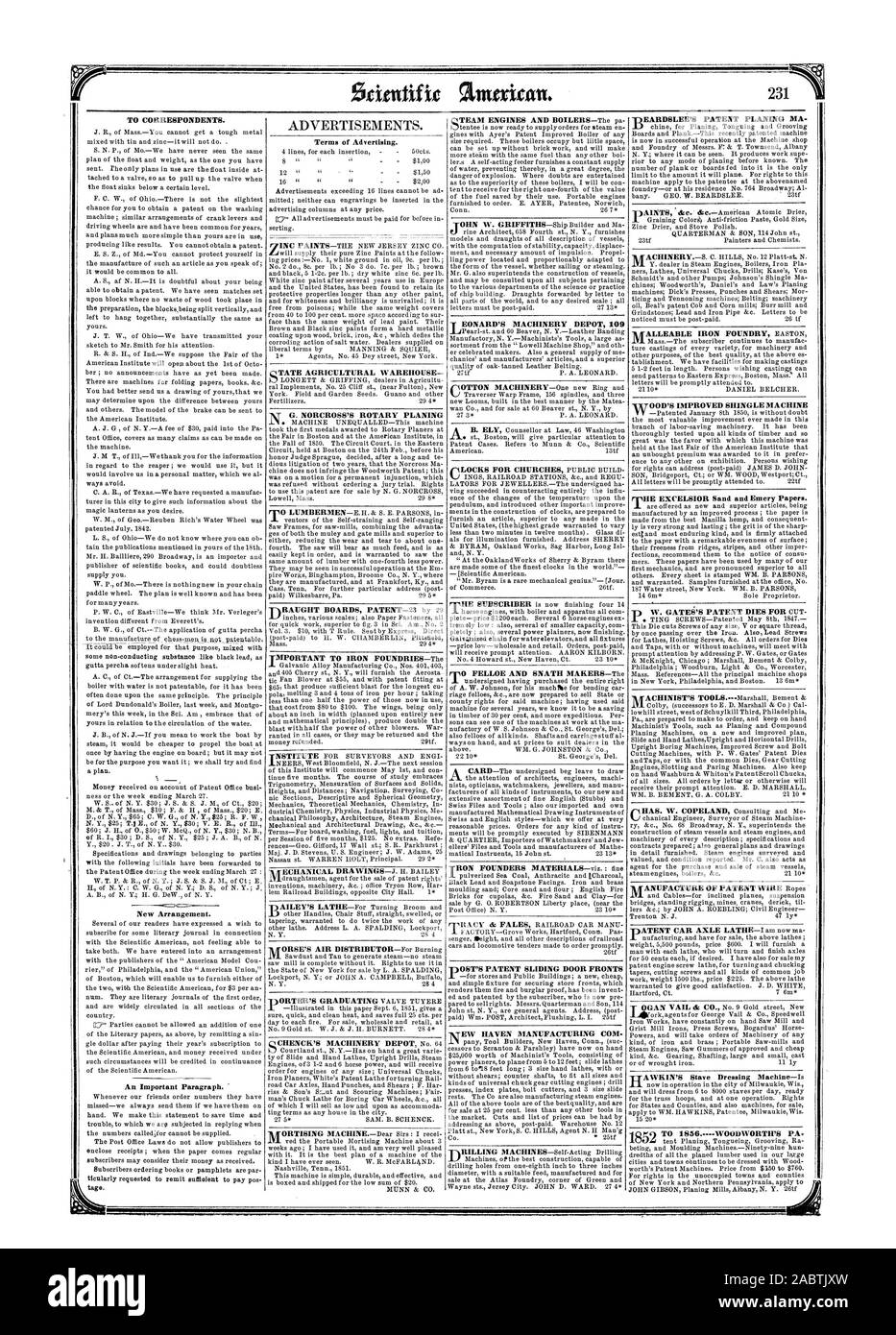 Aux correspondants. Nouvel Arrangement. Un paragraphe important. Termes de la publicité. TMPORTANT aux fonderies de fer-Le rvi0 ET FELLOE SNATH DÉCIDEURS-l'HUMIDE PORTE COULISSANTE BREVET FRONTS TXTOOD A AMÉLIORÉ LA MACHINE EN BARDEAUX, Scientific American, 1852-04-03 Banque D'Images