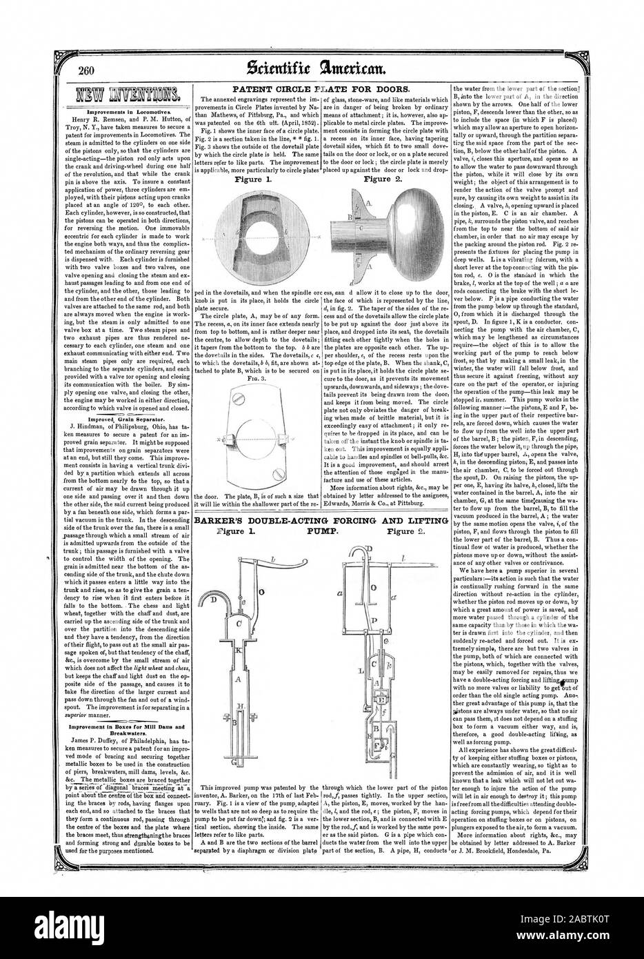 Cercle DES BREVETS POUR PLAQUE DE PORTES. Des améliorations dans les locomotives. Amélioration dans les cases des barrages de l'usine et des brise-lames. La figure 1. La figure 2. DOUBLE EFFET DE BARKER et forcer la Figure L'ANNEAU DE LEVAGE DE LA POMPE. La figure 2., Scientific American, 1852-05-01 Banque D'Images