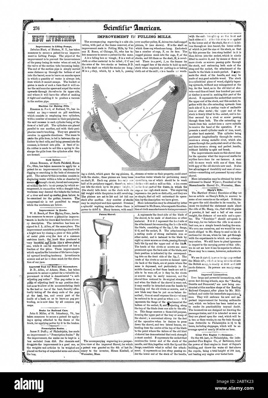 Amélioration de la tirant des moulins. Amélioration de pompes de levage de la machine pour faire des pilules. Chercheur d'or. Pelle de brevets. 3) . Sharps Rifle. L'amélioration des locomotives. Amélioration dans les boutons. Meilleur outil de Boot et cordonniers., Scientific American, 1852-05-15 Banque D'Images