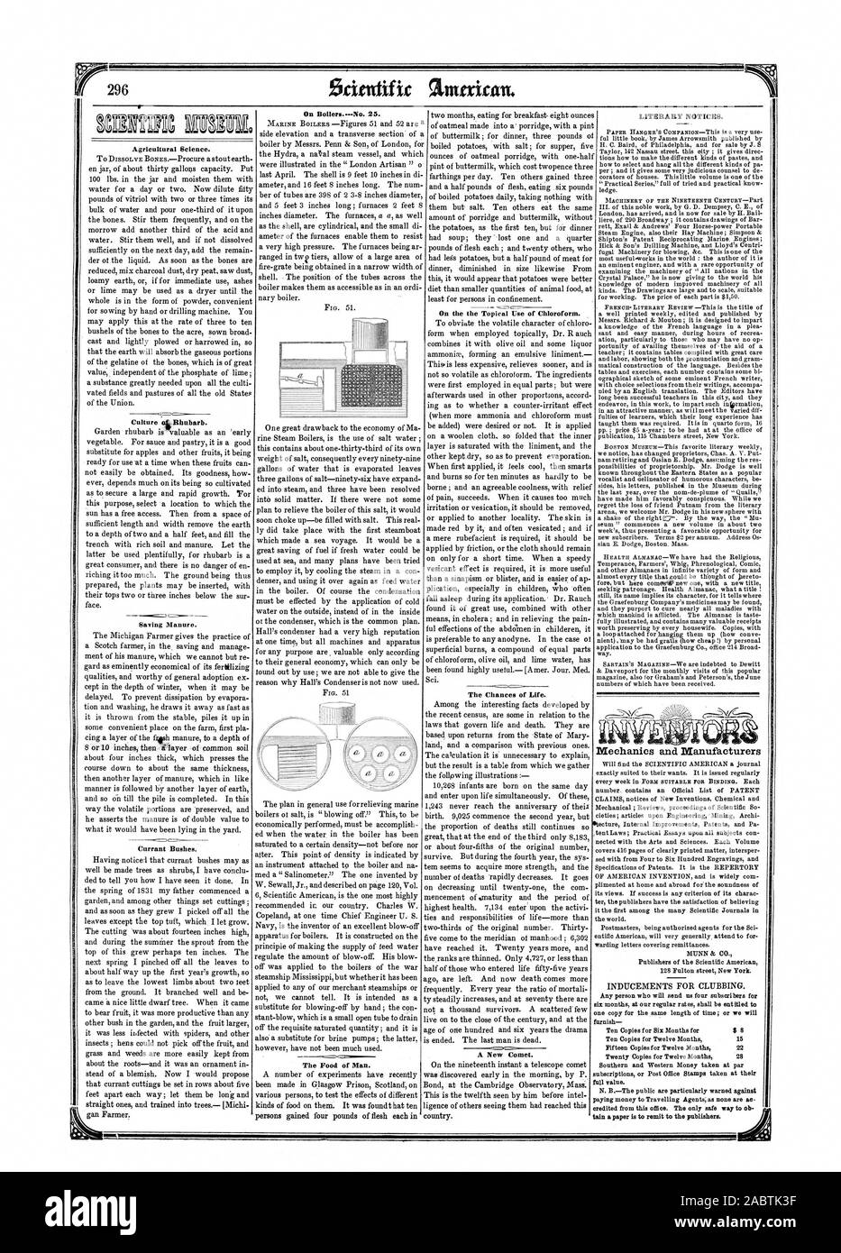 Sur Bollers.No 25. La nourriture de l'homme. La science agricole. Enregistrement de fumier. Groseilliers. Sur le l'utilisation d'actualité de chloroforme. Les chances de la vie. Une nouvelle comète. Avis littéraires. La mécanique et les fabricants, Scientific American, 1852-05-29 Banque D'Images