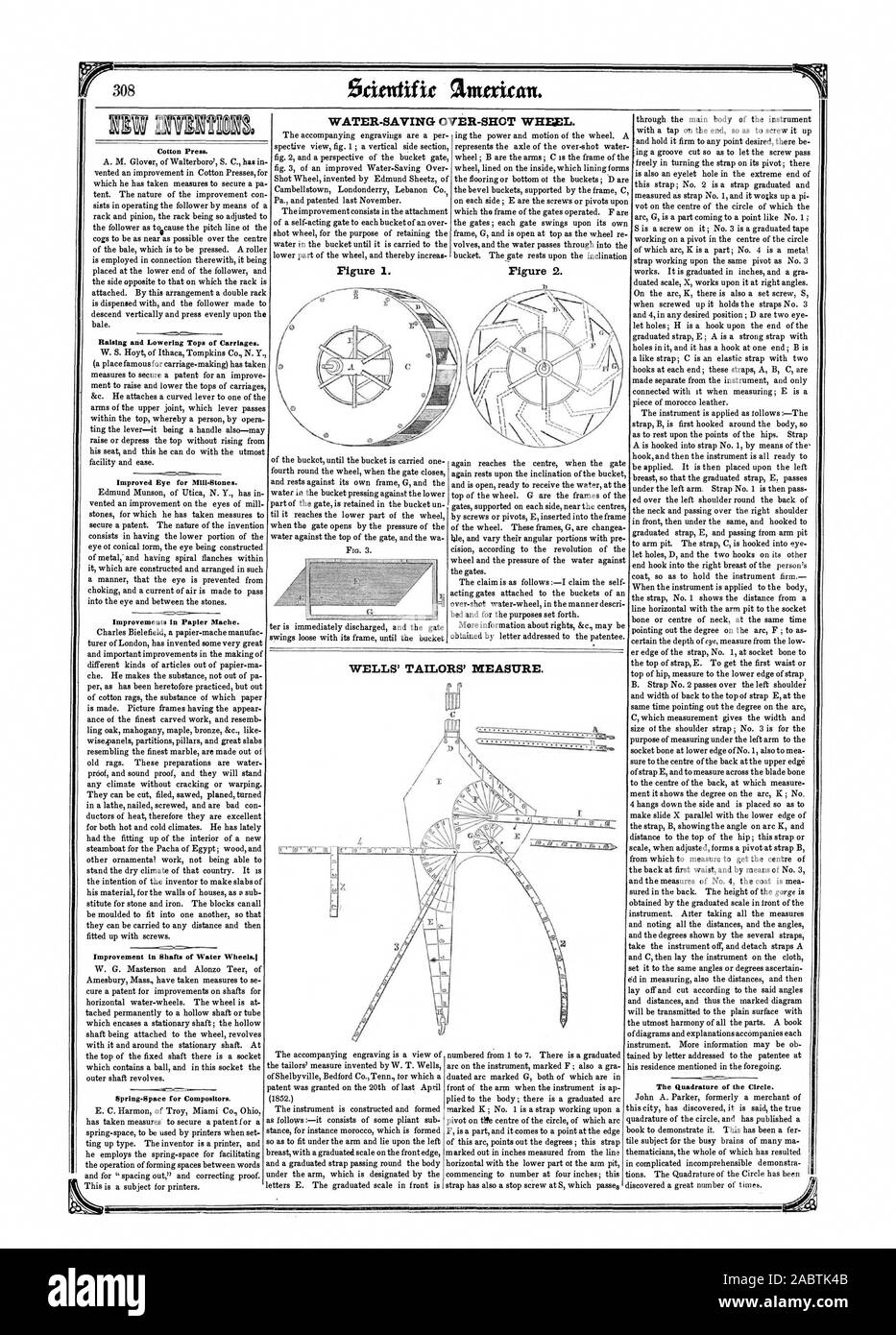 La figure 1. Appuyez sur le coton. Relevage et abaissement de la Cime des chariots. Amélioration de l'oeil pour Mill-Stones. L'amélioration de papier mâché. Dans l'amélioration des arbres de roues de l'eau.1 Spring-Space pour les typographes. La Quadrature du cercle. Plus d'ÉCONOMIE D'EAU, roue-SHOT. La figure 2., Scientific American, 1852-06-12 Banque D'Images