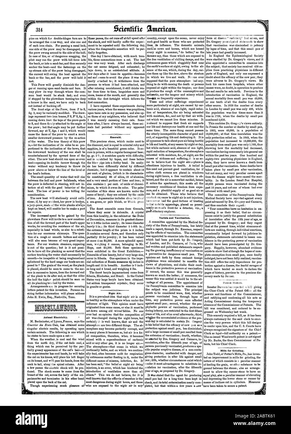De l'émeraude. Nuit de l'air. Électricité animale. Et la vaccination variolique. Les questions de brevet. Mills pour meuler., Scientific American, 1852-06-19 Banque D'Images