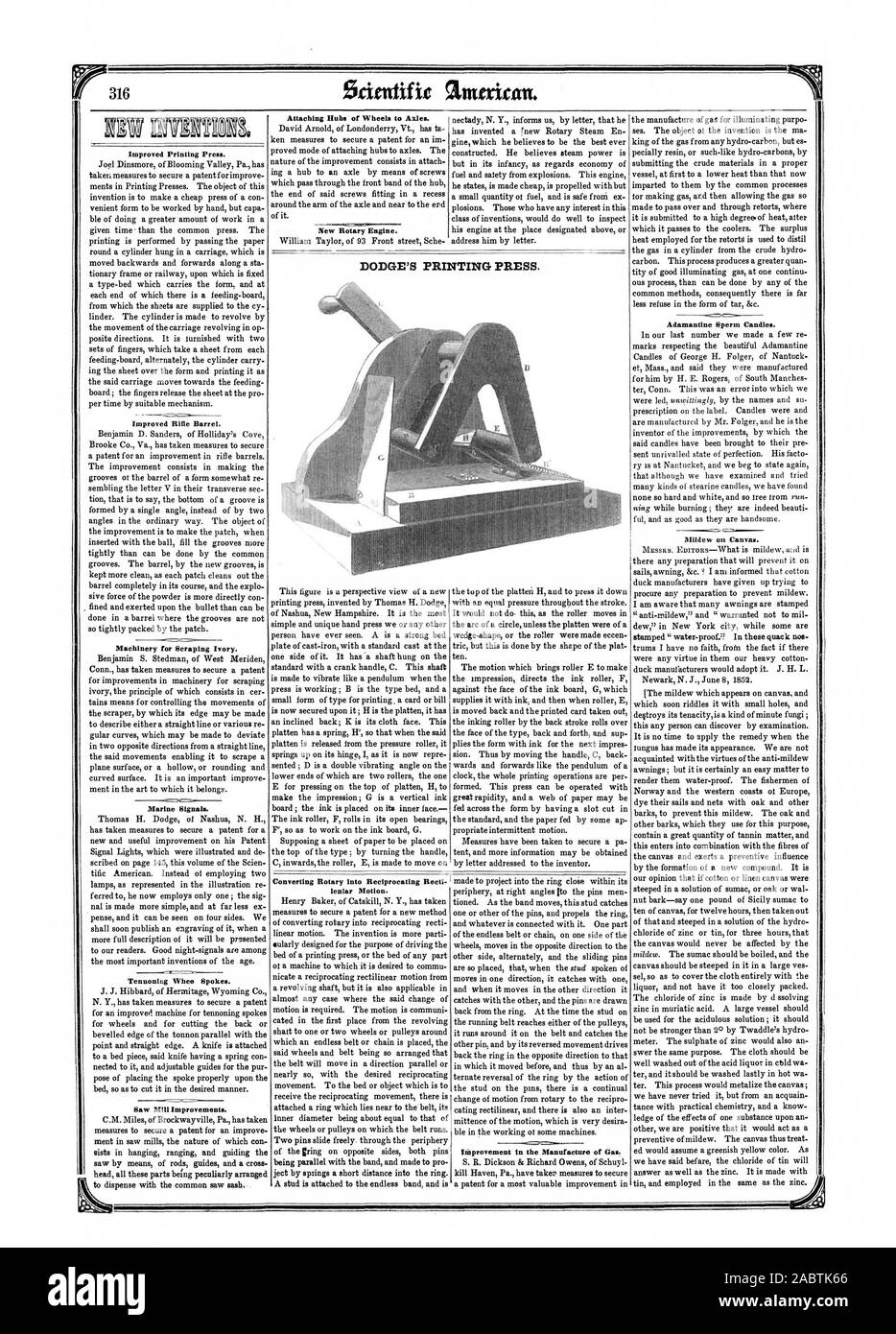 L'amélioration de la presse à imprimer. L'amélioration de canon du fusil. Machines pour le grattage de l'ivoire. Les signaux marins. Tennoning Whee rayons. Scierie des améliorations. Moyeux de fixation des roues aux essieux. Nouveau moteur rotatif. La conversion en rotatif Recti alternatif leniar Motion. Amélioration dans la fabrication de gaz. Des bougies. Sperme Adamantine Oïdium sur toile. L'imprimerie de DODGE., Scientific American, 1852-06-19 Banque D'Images