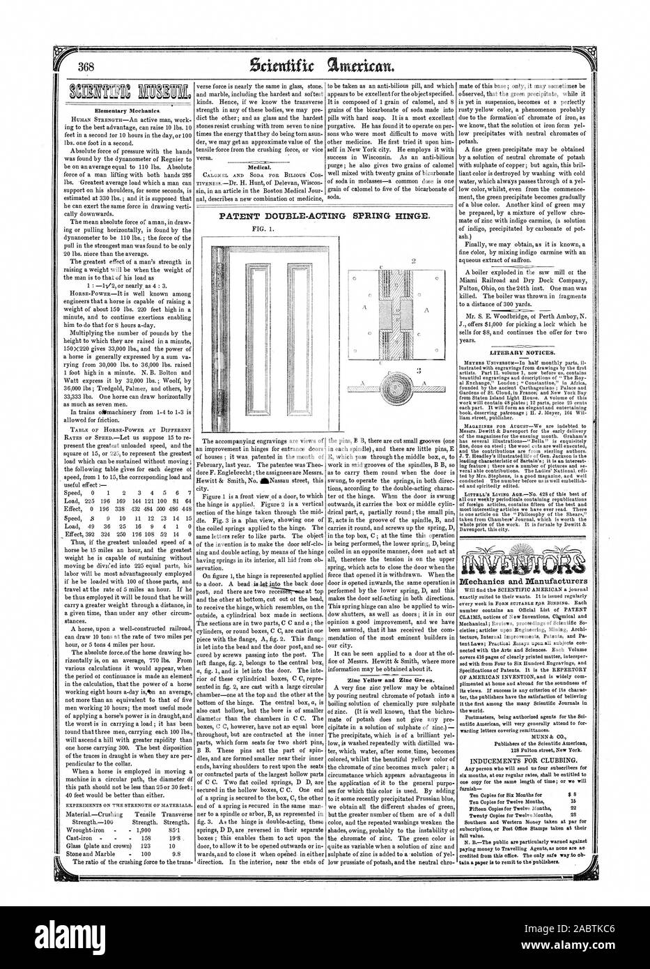 368 La mécanique élémentaire. Médecine scientifique. Avis littéraires. DOUBLE Effet de brevets. Charnière à ressort, Scientific American, 1852-07-31 Banque D'Images