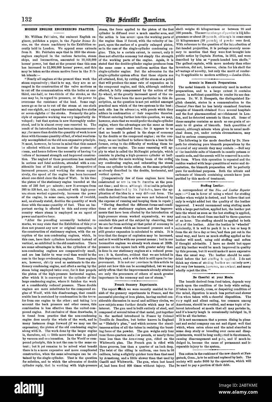 132 LA PRATIQUE DE L'INGÉNIEUR ANGLAIS MODERNE. Des expériences de tir français. Arsenic dans les préparations de bismuth. La farce du cuir. Être gai à vos idéaux., Scientific American, 1863-02-28 Banque D'Images