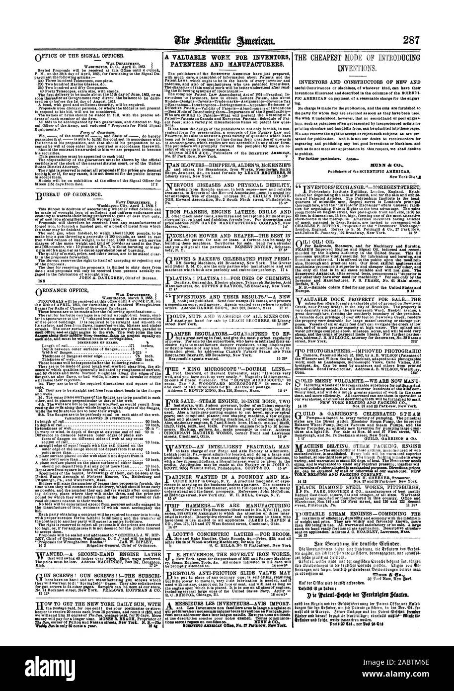 Directions. Envoyer la circulaire d'avancement. Répondre A. B. WILSON Waterbury Connecticut 16tf NEW YORK ET COURROIES PACKING CO. 1413 Nos 37 et 88 rangs Park New York. de cuir à un tiers de moins de prix. La machine à vapeur est d'emballage faits à tous et l'huilage est justifiée pour tenir n'importe quelle pression requise ; ensemble de courroies transporteuses ET YORK wit PACKING COMPANY. JOHN H. CHEEVER Trésorier. que ZOO étant en cours d'utilisation. Toutes les garanties satisfaisantes ou pas de vente. Un grand, Scientific American, 1863-05-02 Banque D'Images