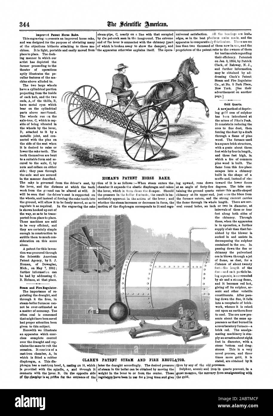 L'amélioration du cheval Brevet Rake. Régulateur de vapeur et d'incendie. Le brevet de Romain CHEVAL RAKE. meepre ertat le mercure provenant de la fusion avec l'or CLARK'S PATENT DE LA VAPEUR ET DE L'ORGANISME DE RÉGLEMENTATION. INCENDIE, Scientific American, 1863-05-30 Banque D'Images