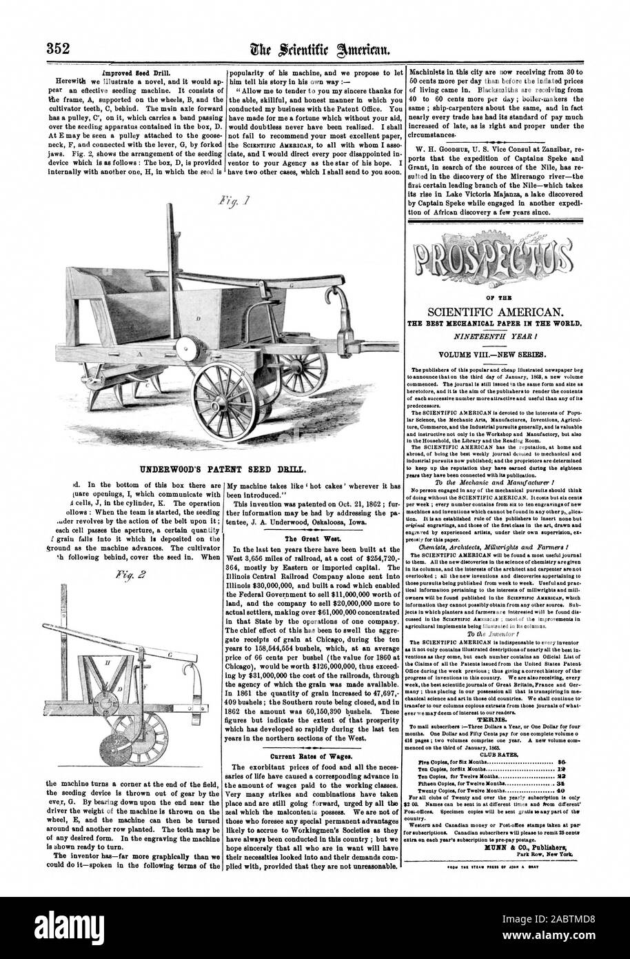 Les semences améliorées de forage. Les taux de salaire. espère sincèrement que tous ceux qui sont dans le besoin auront leurs nécessités et leurs revendications com retordus avec pourvu qu'elles ne sont pas déraisonnables. Les machinistes dans cette ville reçoivent maintenant à partir de 30 t DE TUB LE MEILLEUR PAPIER MÉCANIQUE DANS LE MONDE ENTIER. Empattements. VIIINEW VOLUME Termes. Les TARIFS DU CLUB. 40 Munn & CO. Éditeur ; Park Row New York ROO Tel TIAN 'OfOff INDERWOOD 1AAI UN SEMOIR DE BREVETS., Scientific American, 1863-05-30 Banque D'Images
