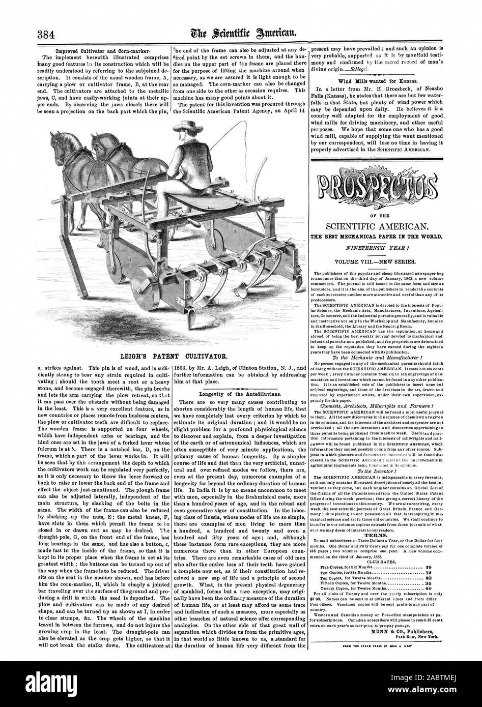 Moulins à vent recherché pour le Kansas. Le MEILLEUR DE L'MECNANICAL PAPIER DANS LE MONDE. VIIINEW VOLUME SÉRIE. Termes. 43 40 Munn & CIE Éditeurs LEIGH CULTIVATEUR. brevets, Scientific American, 1863-06-13 Banque D'Images