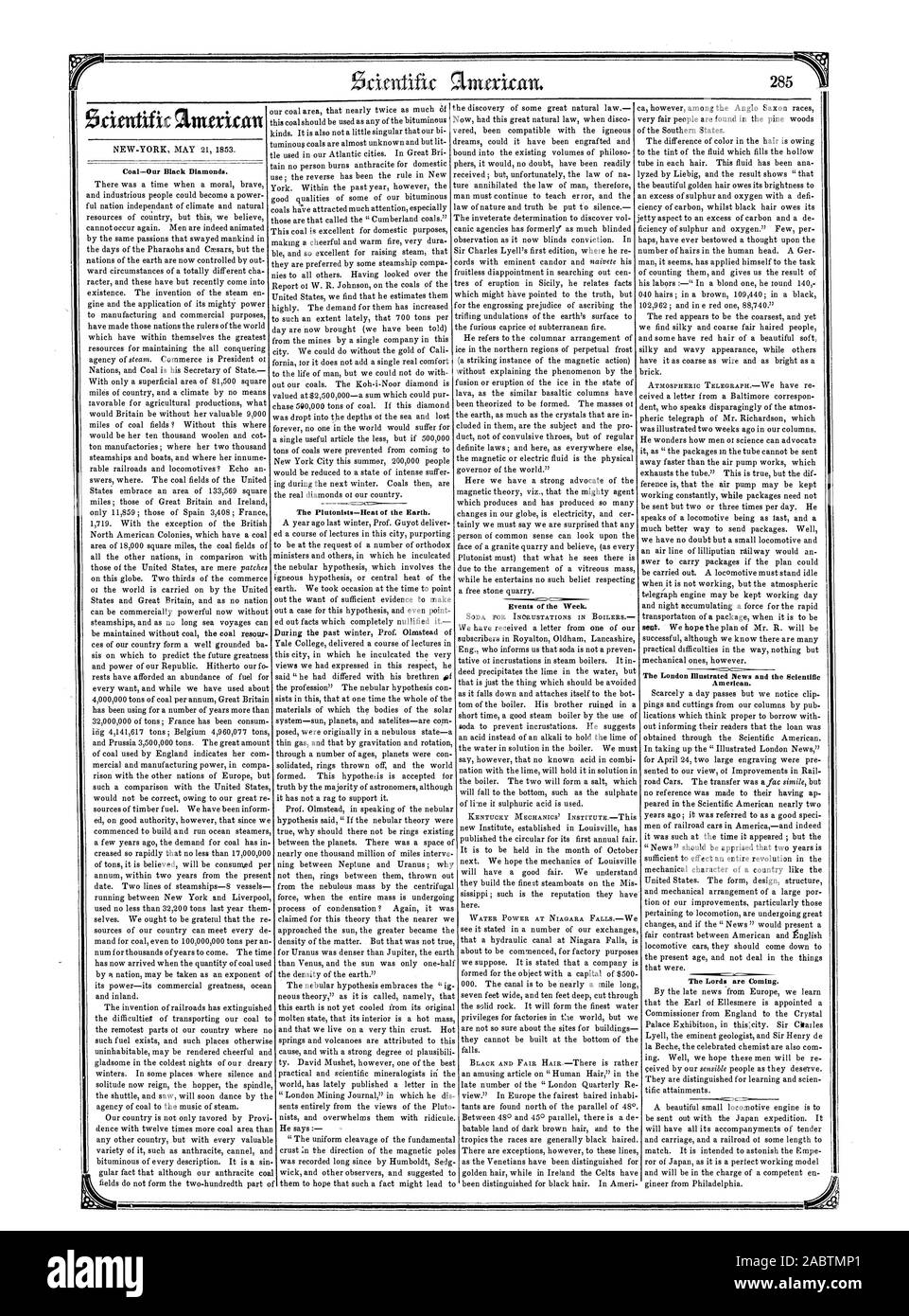 Événements de la semaine. Le London Illustrated Dews et le Scientific American. Les Lords  sont à venir., 1853-05-21 Banque D'Images
