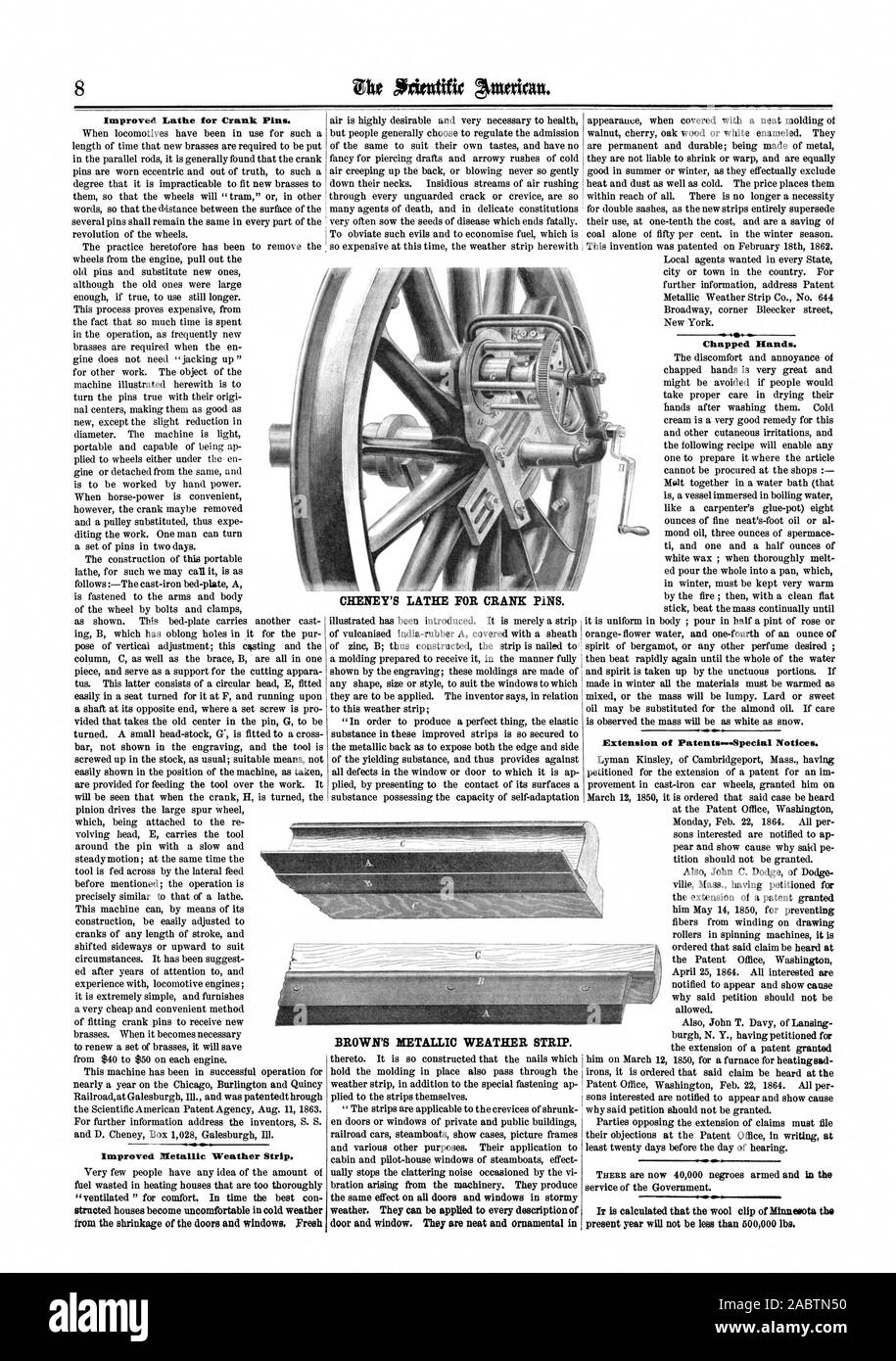 Tour pour l'amélioration des manetons. Amélioration de l'étanchéité métallique. Tour de Cheney Pour les manetons. La bande d'étanchéité métallique marron. Mains gercées. Extension de brevets--les avis spéciaux., Scientific American, 1864-01-02 Banque D'Images