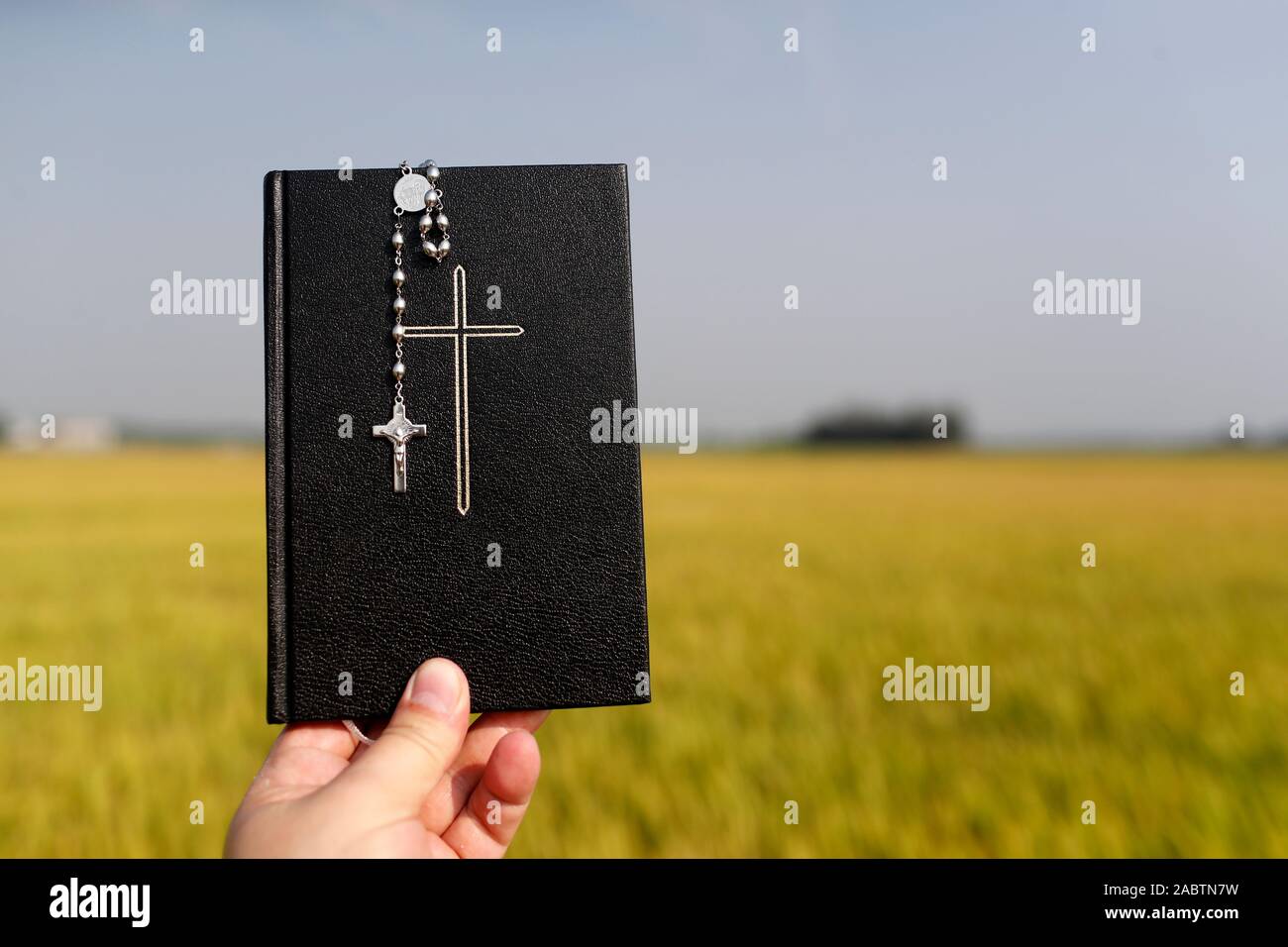 Homme tenant une Bible et chapelet sur un champ de riz. Close-up. Le Vietnam. Banque D'Images