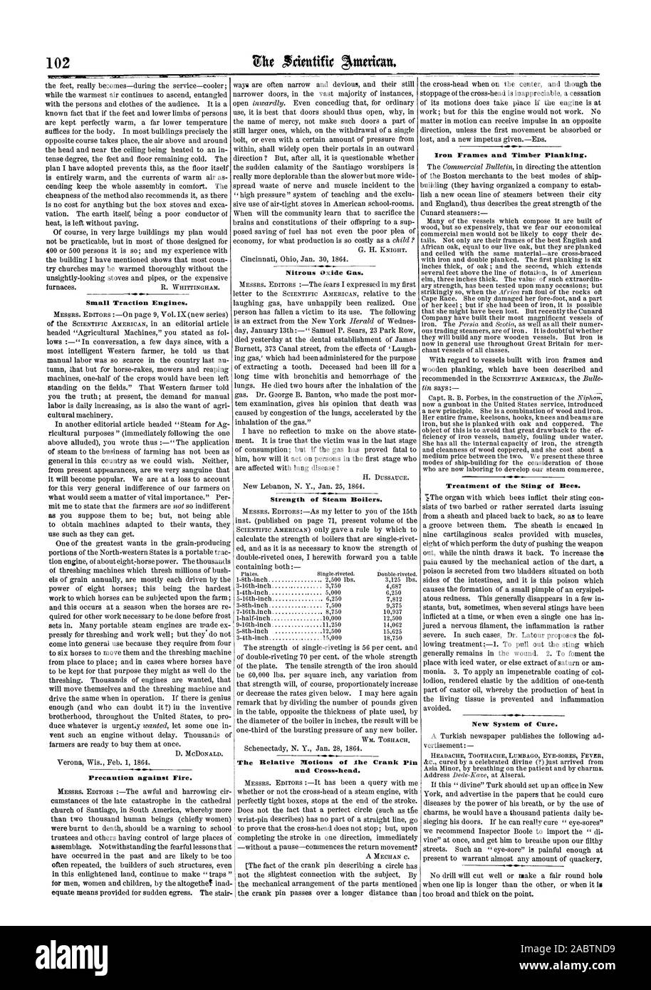 Les petits moteurs de traction. Précaution contre l'incendie. Gaz d'oxyde nitreux. Force des chaudières à vapeur. Les mouvements relatifs du maneton il et la tête. Des cadres en fer et bois bordés. Traitement de la piqûre d'abeilles. Nouveau système de traitement., Scientific American, 1864-02-13 Banque D'Images