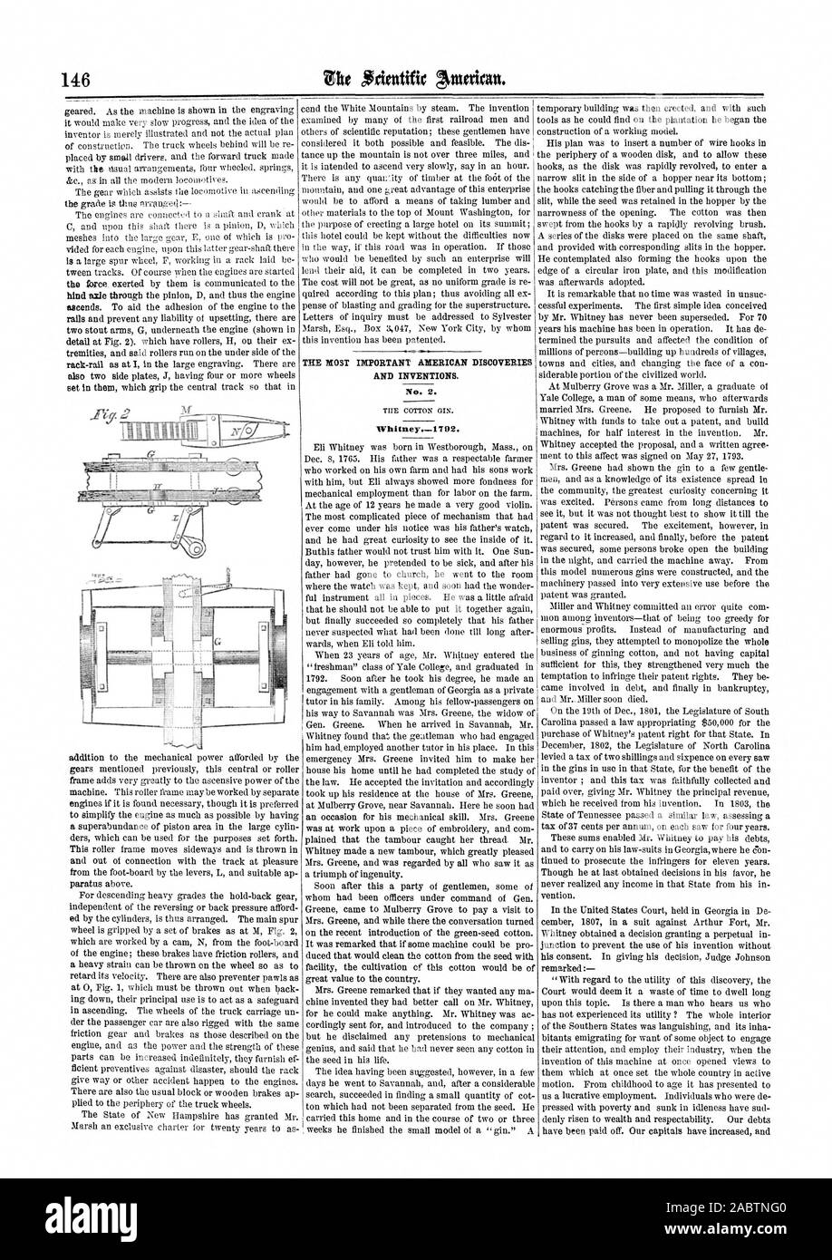 Les plus importantes découvertes et inventions américaines. N° 2. Whitney.-1792., Scientific American, 1864-03-05 Banque D'Images