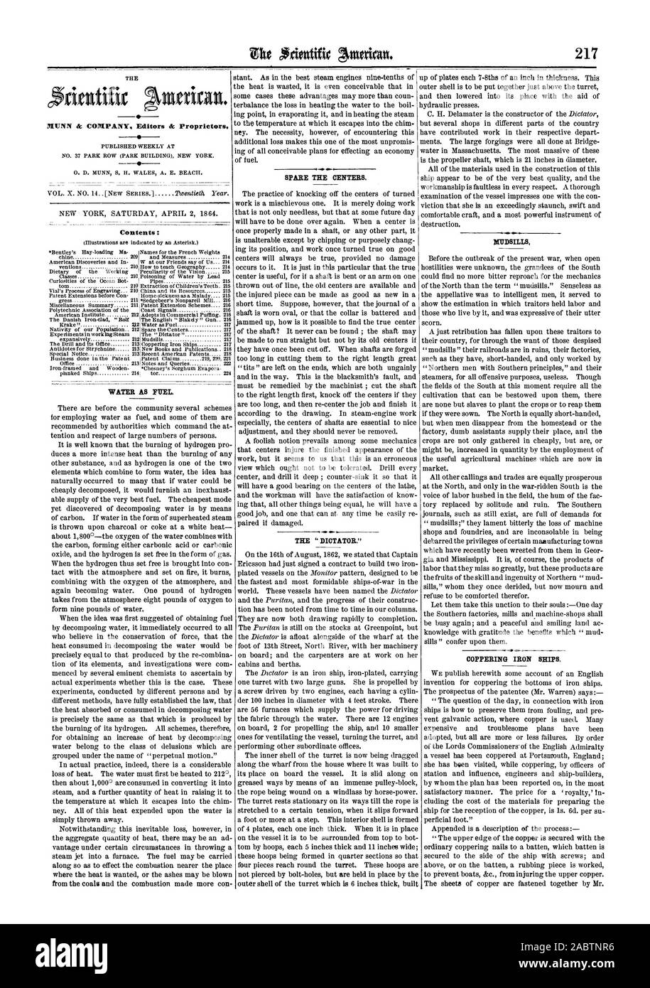 Zin WM. akmakatt Les centres de secours 217. -Ow le dictateur '.'  =MILLS COPPERING LES NAVIRES EN FER. Contenu : L'EAU COMME CARBURANT., Scientific American, 1864-04-02 Banque D'Images