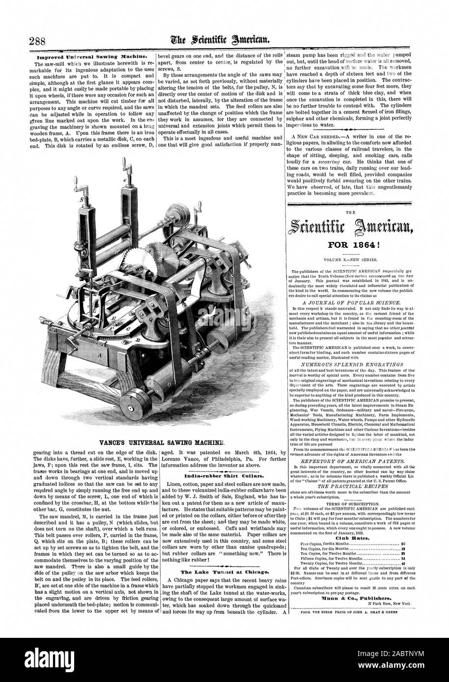 Amélioration de la machine à scier à Vniversal. Le lac Tunnel à Chicago. Pour 1864 ! Cl ub Taux. Iunn & Cie Éditeurs. VANCE, universelle, LA MACHINE DE L'Américain scientifique, 1864-04-30 Banque D'Images