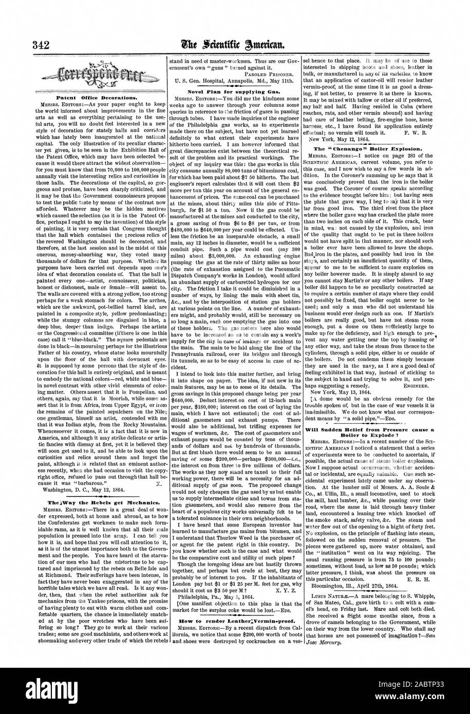 Des brevets de décorations. Les rebelles se ThelWay la mécanique. Prisonnier en liberté conditionnelle. Plan roman pour approvisionnement en gaz. L ' explosion de chaudière" Chenango. La pression de décharge soudaine va provoquer une explosion de chaudière '1, Scientific American, 1864-05-28 Banque D'Images