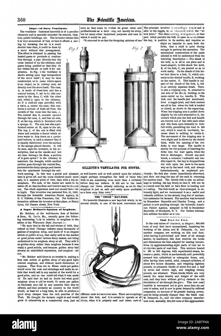 360 Ventilateur poêle amélioré. L'avis de al raffineur de sucre de sorgho. La Gillette ventilateur pour poêles. La poussière de charbon pour le carburant., Scientific American, 1864-06-04 Banque D'Images